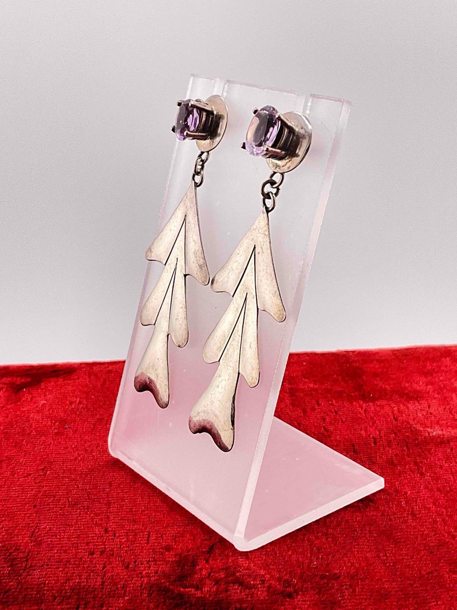 SW Navajo Sterling Silver Tree Shaped Drop Earrings w/ Amethyst Toned Setting, Signed E. Billy. - 2