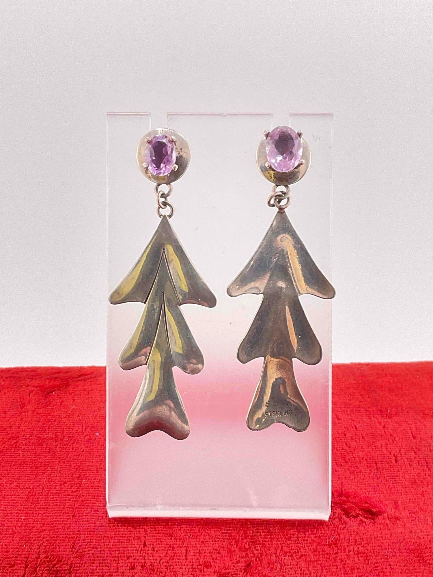 SW Navajo Sterling Silver Tree Shaped Drop Earrings w/ Amethyst Toned Setting, Signed E. Billy. - 3