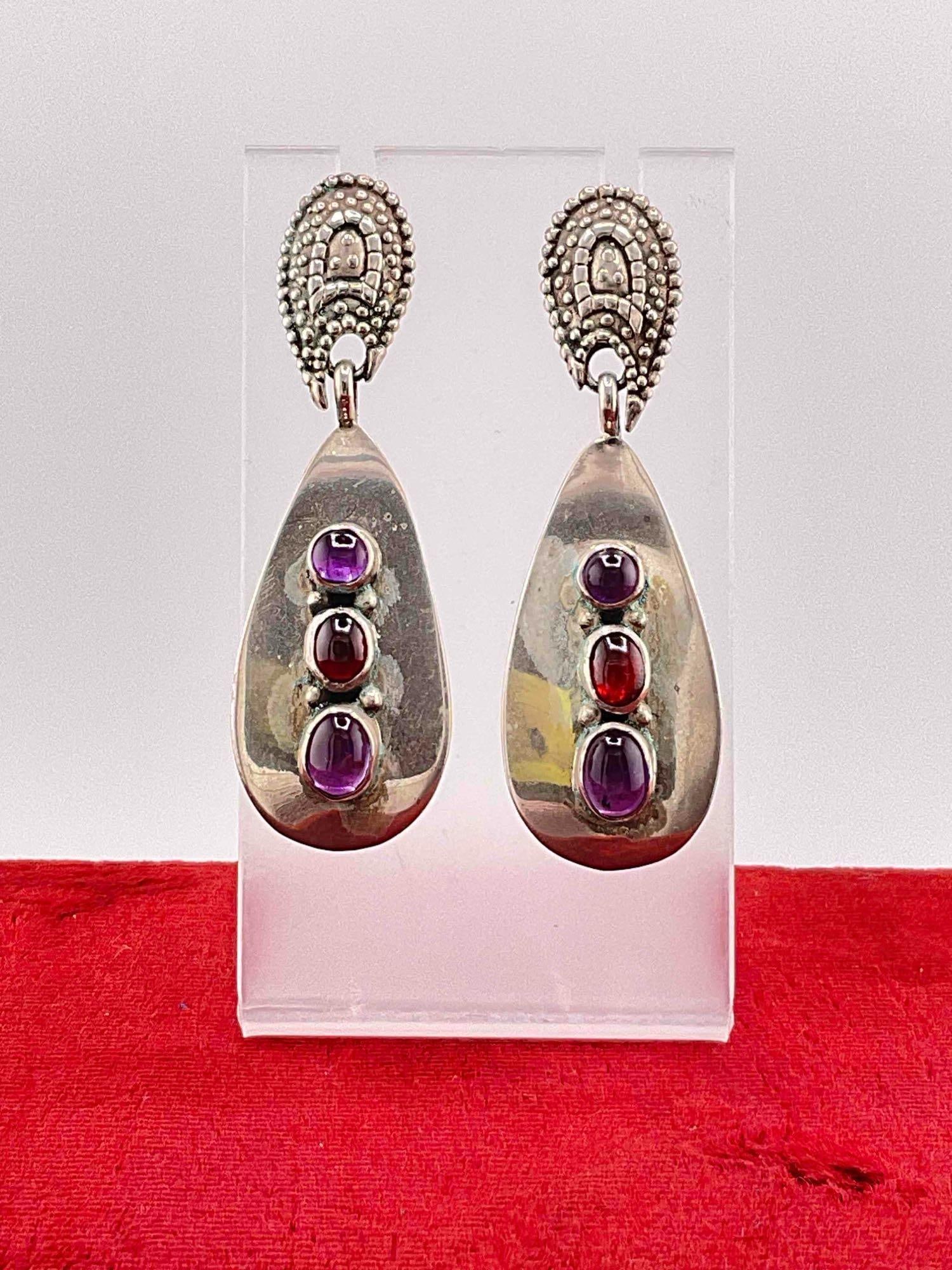 Vintage Carol Felley Sterling Silver Teardrop Earrings w/ Amethyst & Garnet Toned Settings. (1 of 3)
