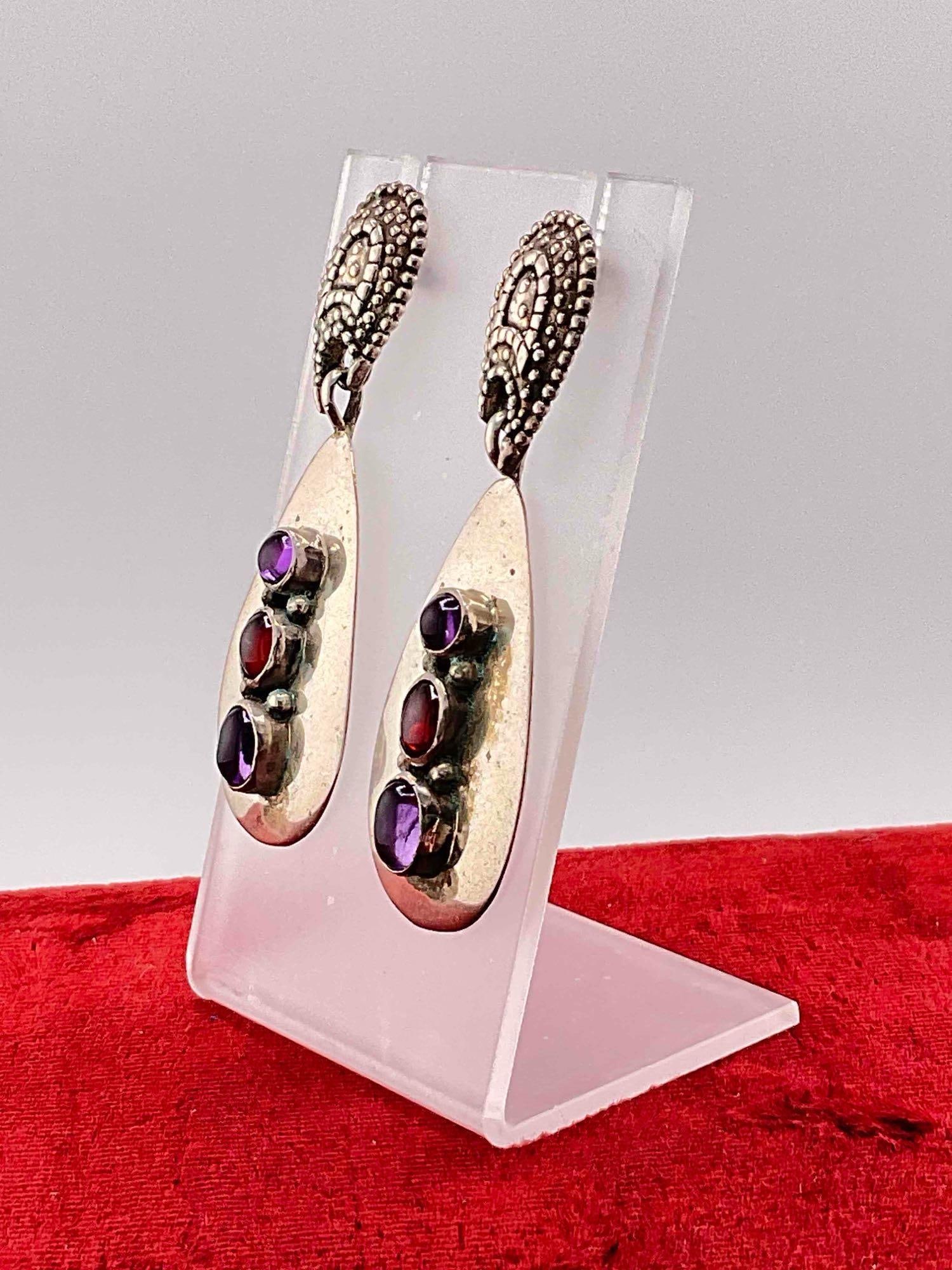 Vintage Carol Felley Sterling Silver Teardrop Earrings w/ Amethyst & Garnet Toned Settings. - 2