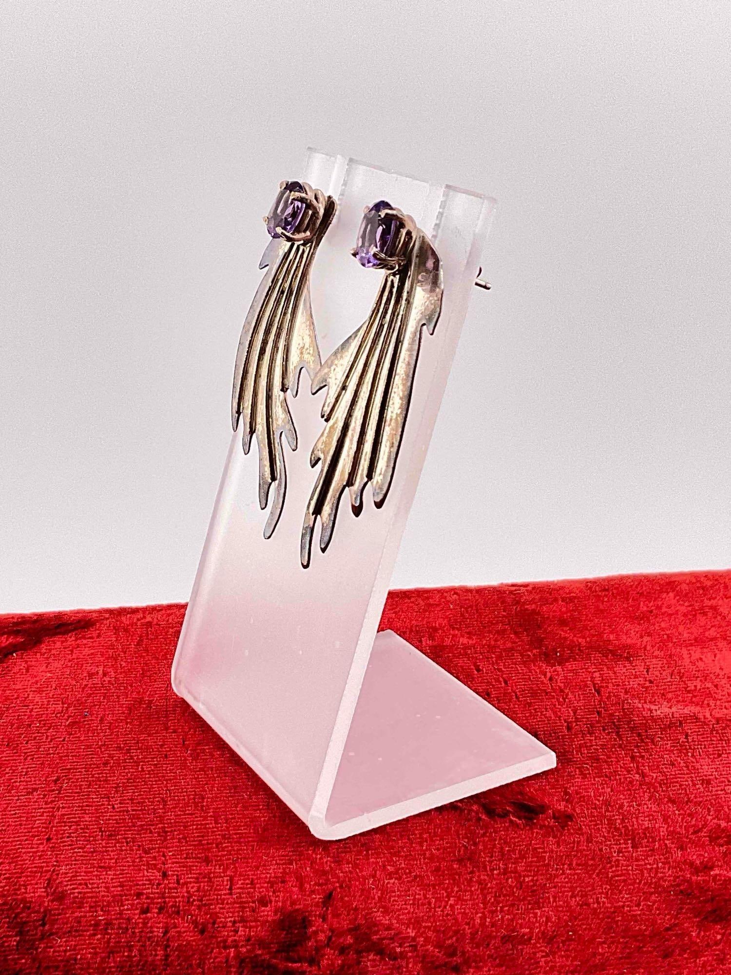 Vintage Carol Felley Sterling Silver Flame Shaped Stud Earrings w/ Amethyst Toned Setting. - 3