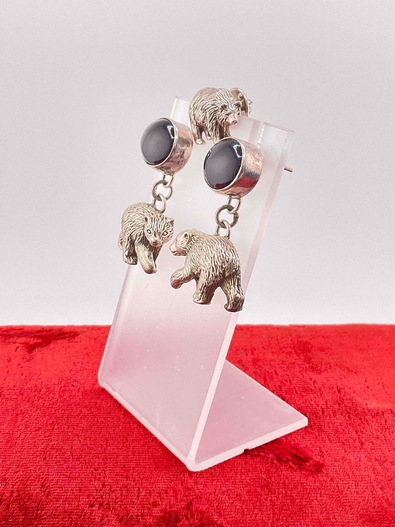 Vintage Carol Felley Sterling Silver Bear Drop Earrings w/ Onyx Toned Settings & Bear Pin. - 2