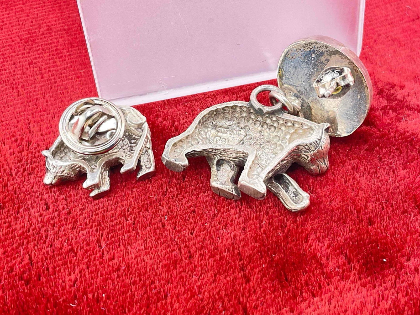 Vintage Carol Felley Sterling Silver Bear Drop Earrings w/ Onyx Toned Settings & Bear Pin. - 3