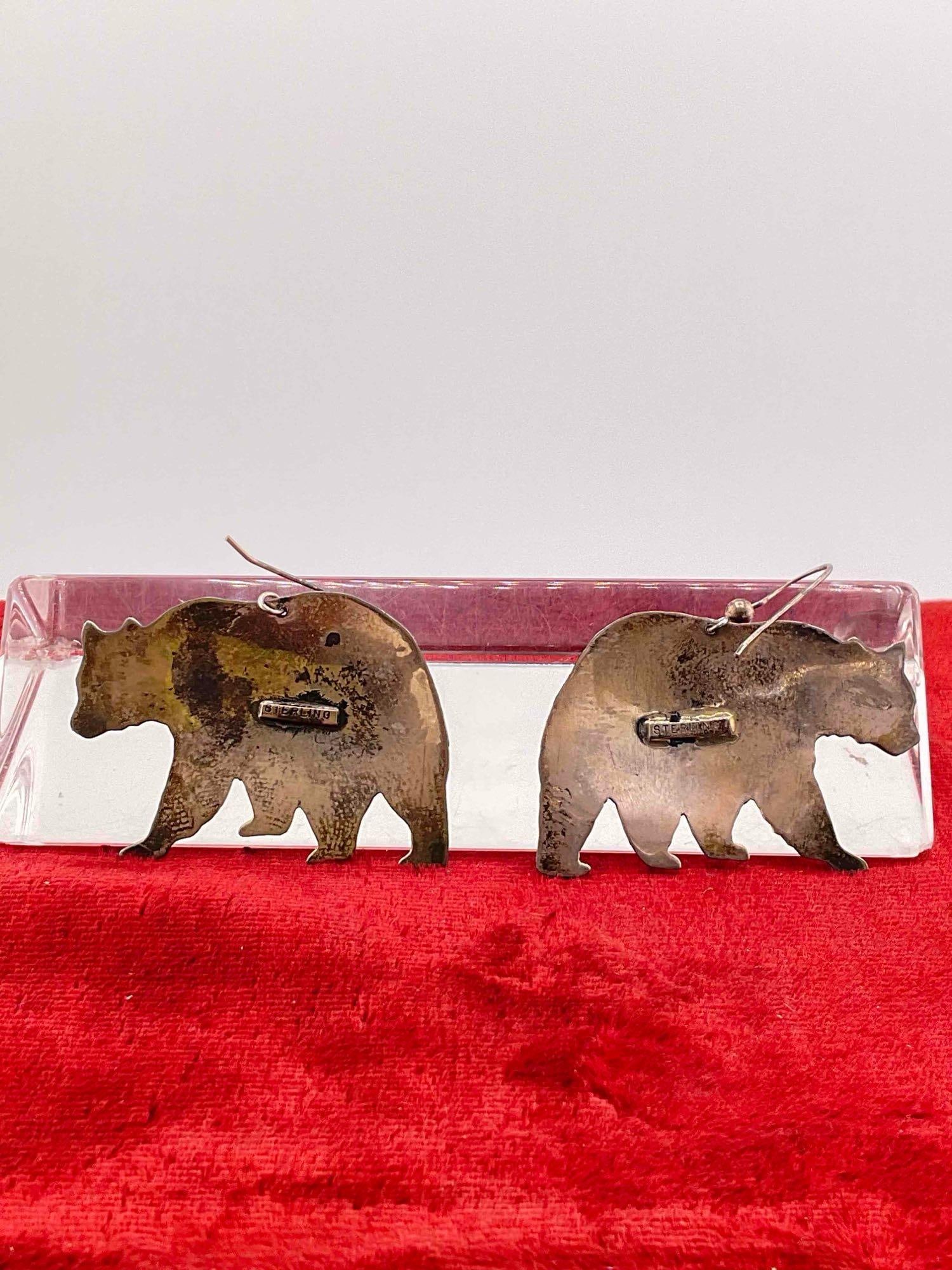 SW Native American Sterling Silver Hand Etched Walking Bear Drop Earrings. See pics. - 3
