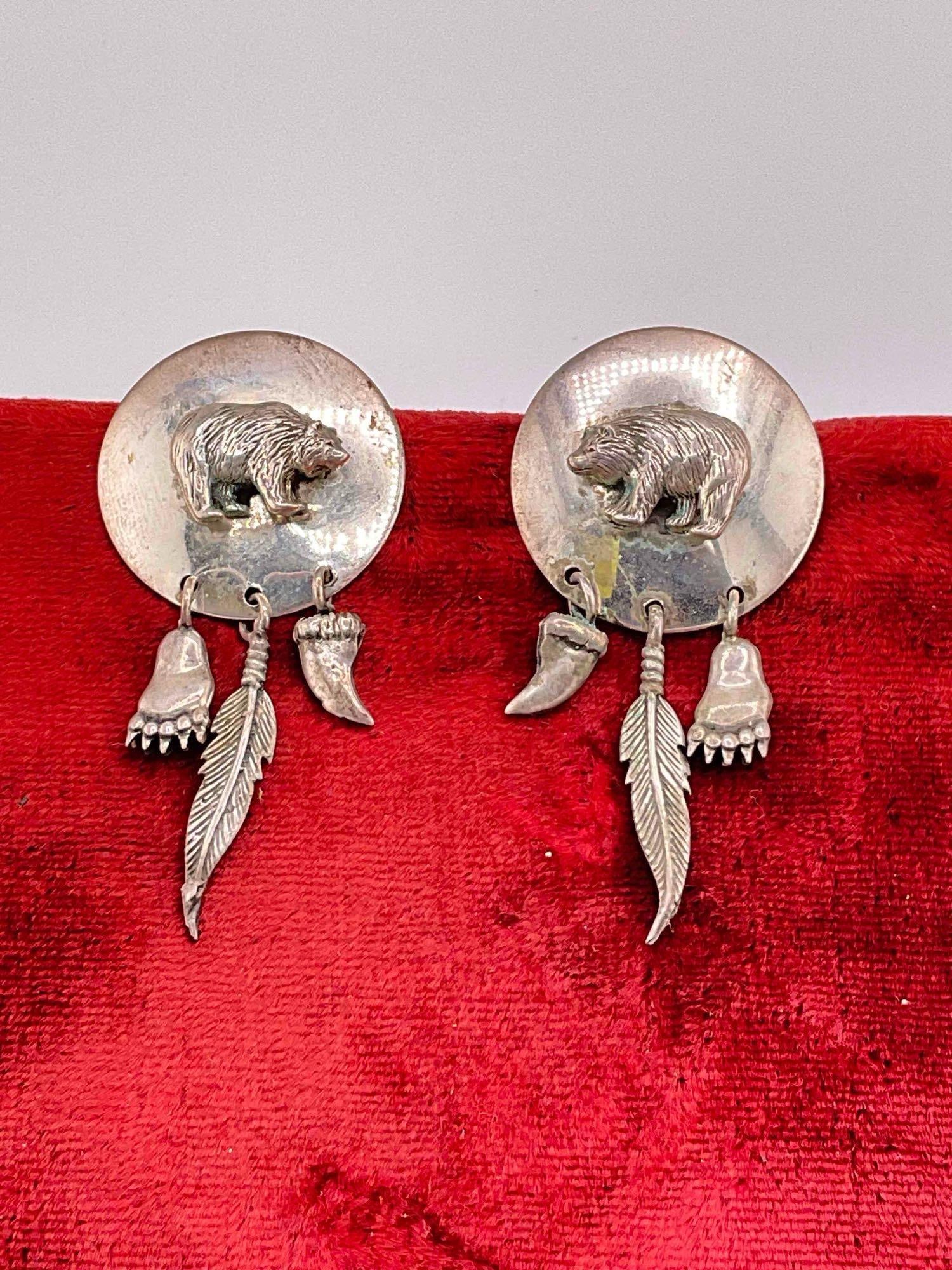 Vintage Carol Felley Sterling Silver Drop Earrings w/ Bear & Feather Design. See pics.: Vintage Carol Felley Sterling Silver Drop Earrings w/ Bear & Feather Design. Weighs 25g. Stamped 90 on reverse. dM-414