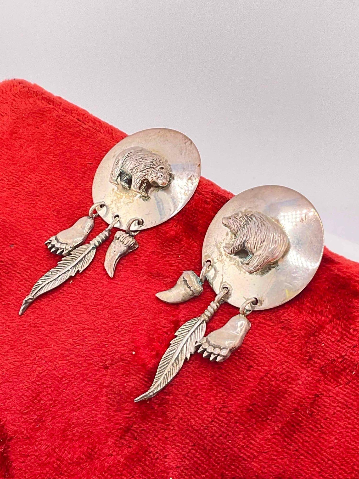 Vintage Carol Felley Sterling Silver Drop Earrings w/ Bear & Feather Design. See pics. - 2