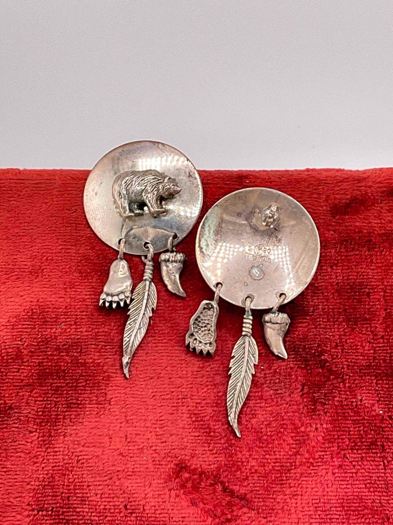Vintage Carol Felley Sterling Silver Drop Earrings w/ Bear & Feather Design. See pics. - 3