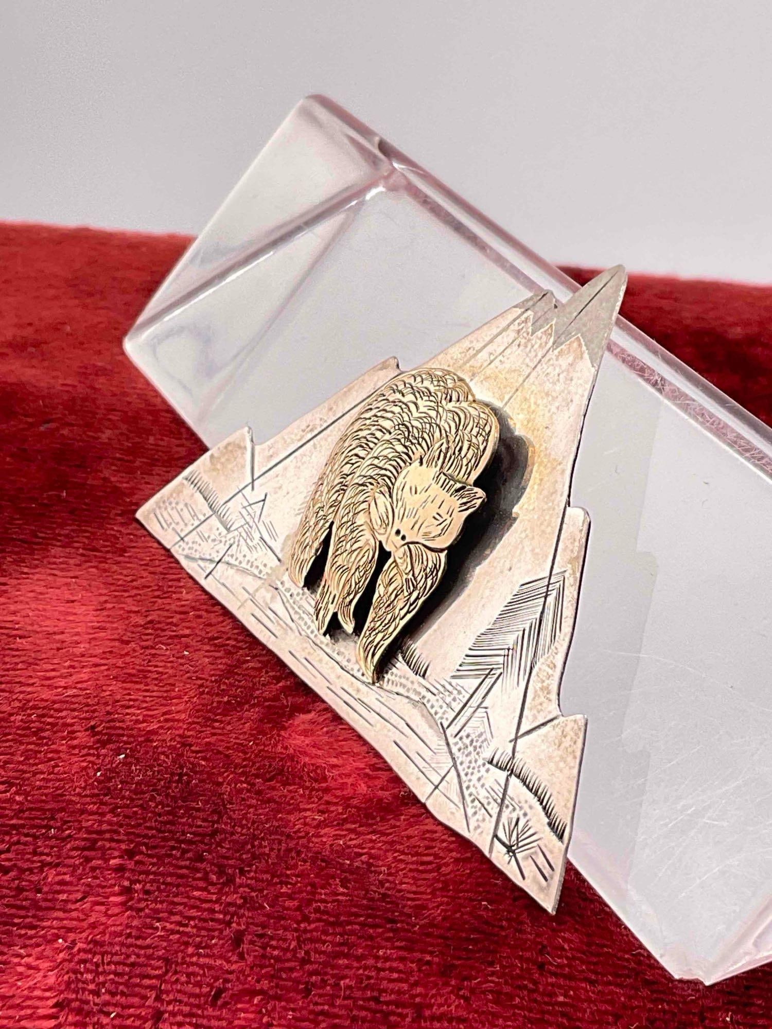 Etched Sterling Silver Mountain Pin w/ Gold Bear Cameo. See pics & description. - 2
