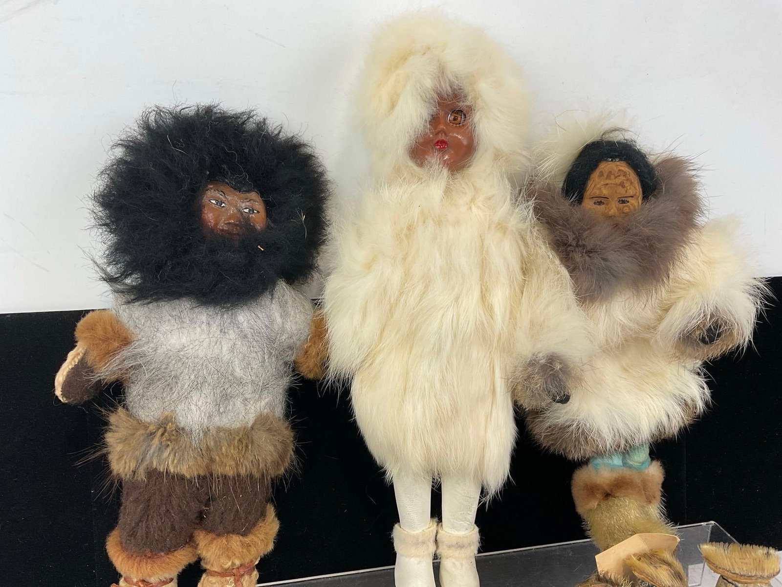 3 Native American Fur & Leather Dolls, Rabbit Fur Bag, & Pair of Moccasins, Rock Statue - 2