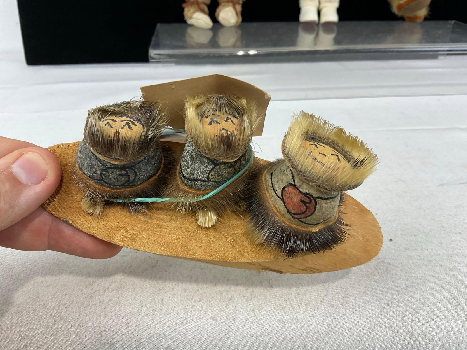3 Native American Fur & Leather Dolls, Rabbit Fur Bag, & Pair of Moccasins, Rock Statue - 7
