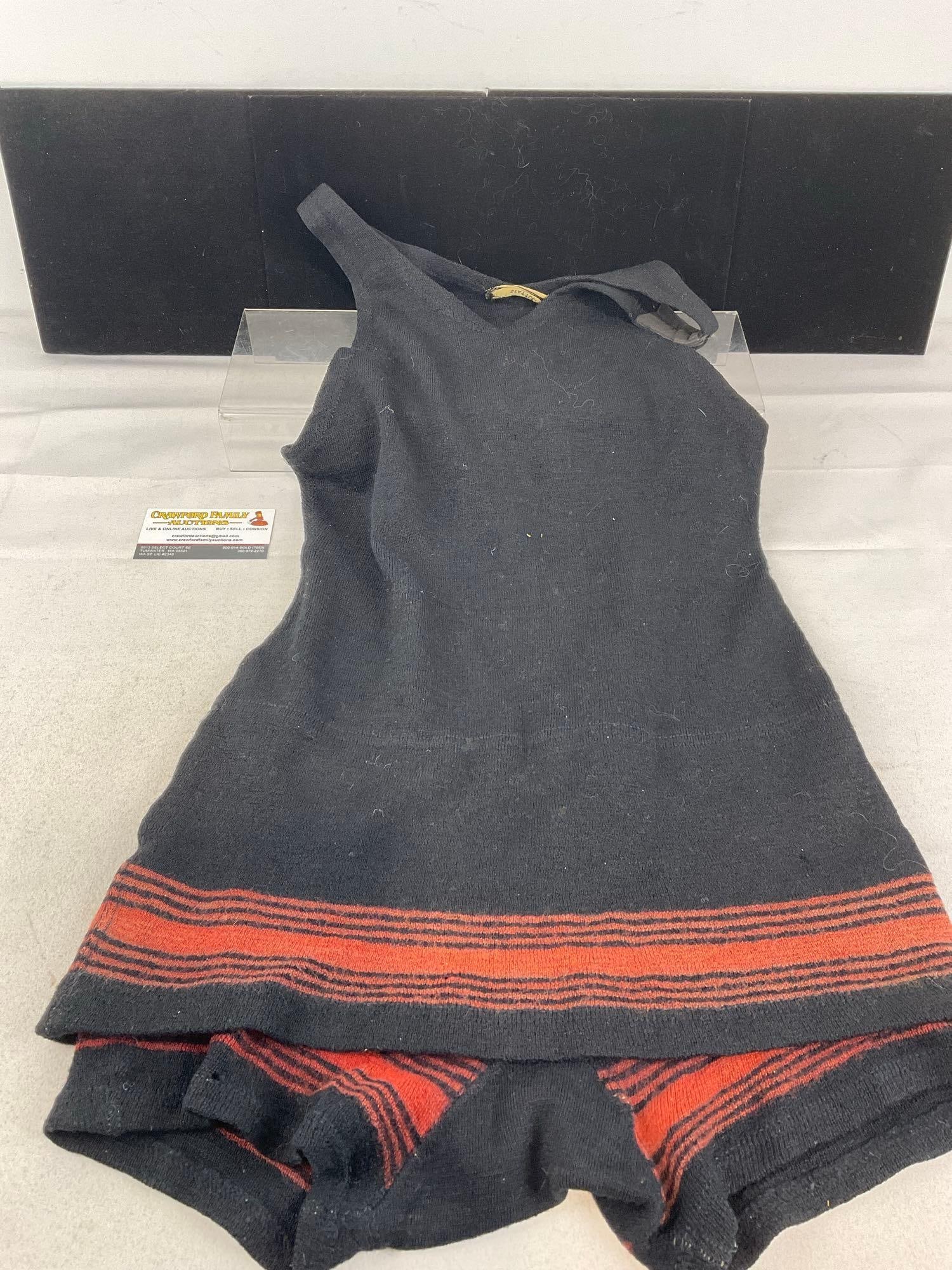 Rare Early 20th Century Wool Womens One Piece Swimsuit made by Rhodes Seattle: Appears to be in good shape, especially for the age of the piece. The piece measures approx 4h x 9w x 7d inches. See pics. E-6070