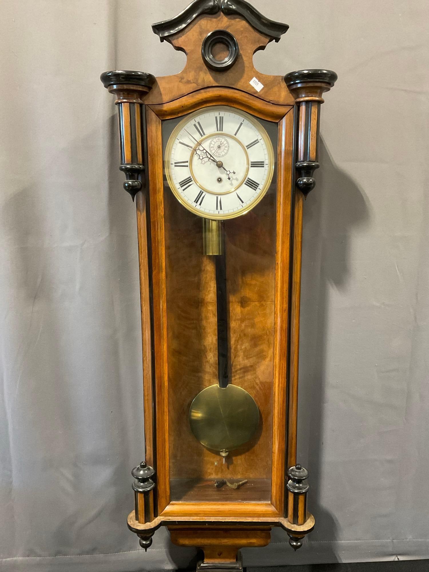 Vienna Regulator Pendulum Wall Clock, Time, 46h x 16w x 8d inches, Light/Dark wood, missing finials (1 of 9)