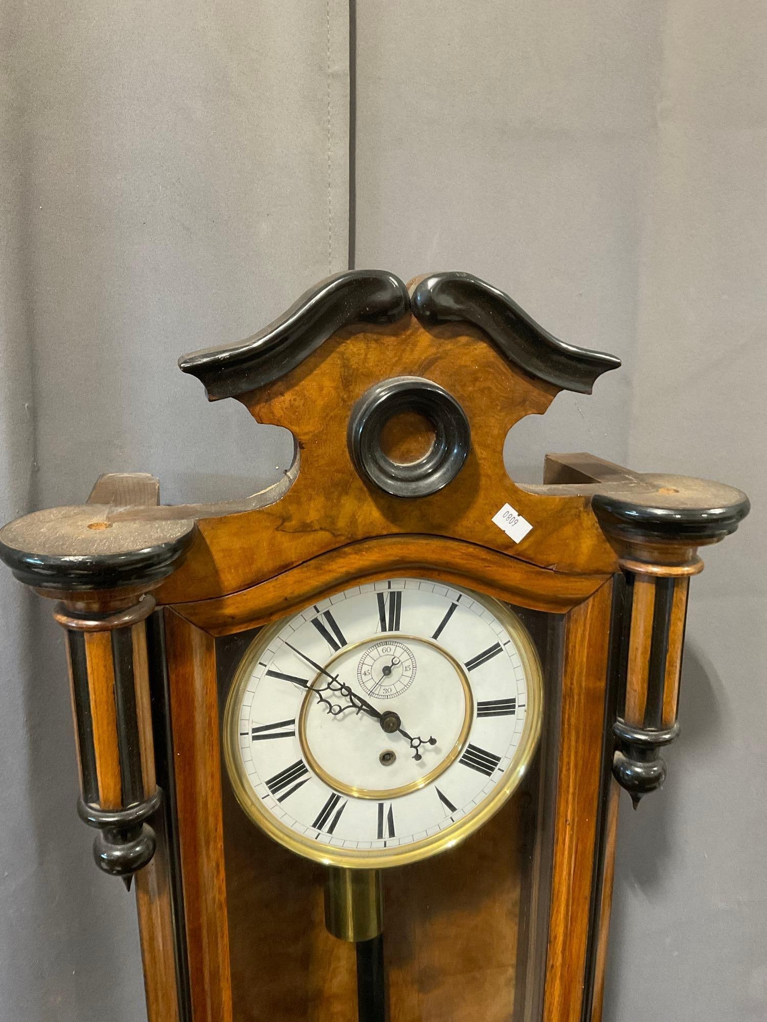 Vienna Regulator Pendulum Wall Clock, Time, 46h x 16w x 8d inches, Light/Dark wood, missing finials - 2
