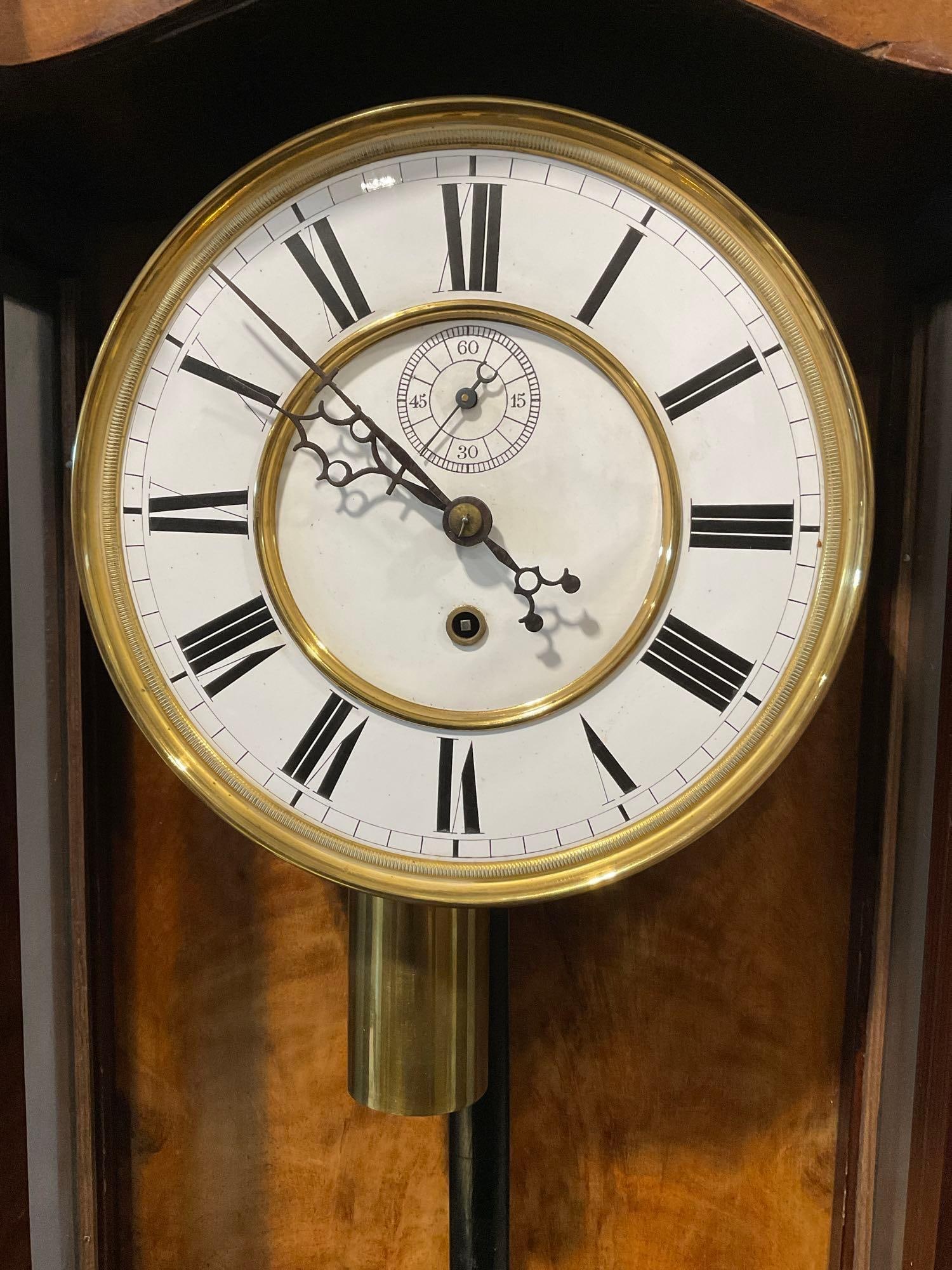 Vienna Regulator Pendulum Wall Clock, Time, 46h x 16w x 8d inches, Light/Dark wood, missing finials - 3