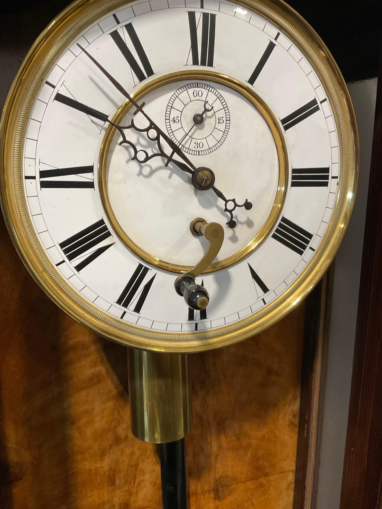 Vienna Regulator Pendulum Wall Clock, Time, 46h x 16w x 8d inches, Light/Dark wood, missing finials - 5