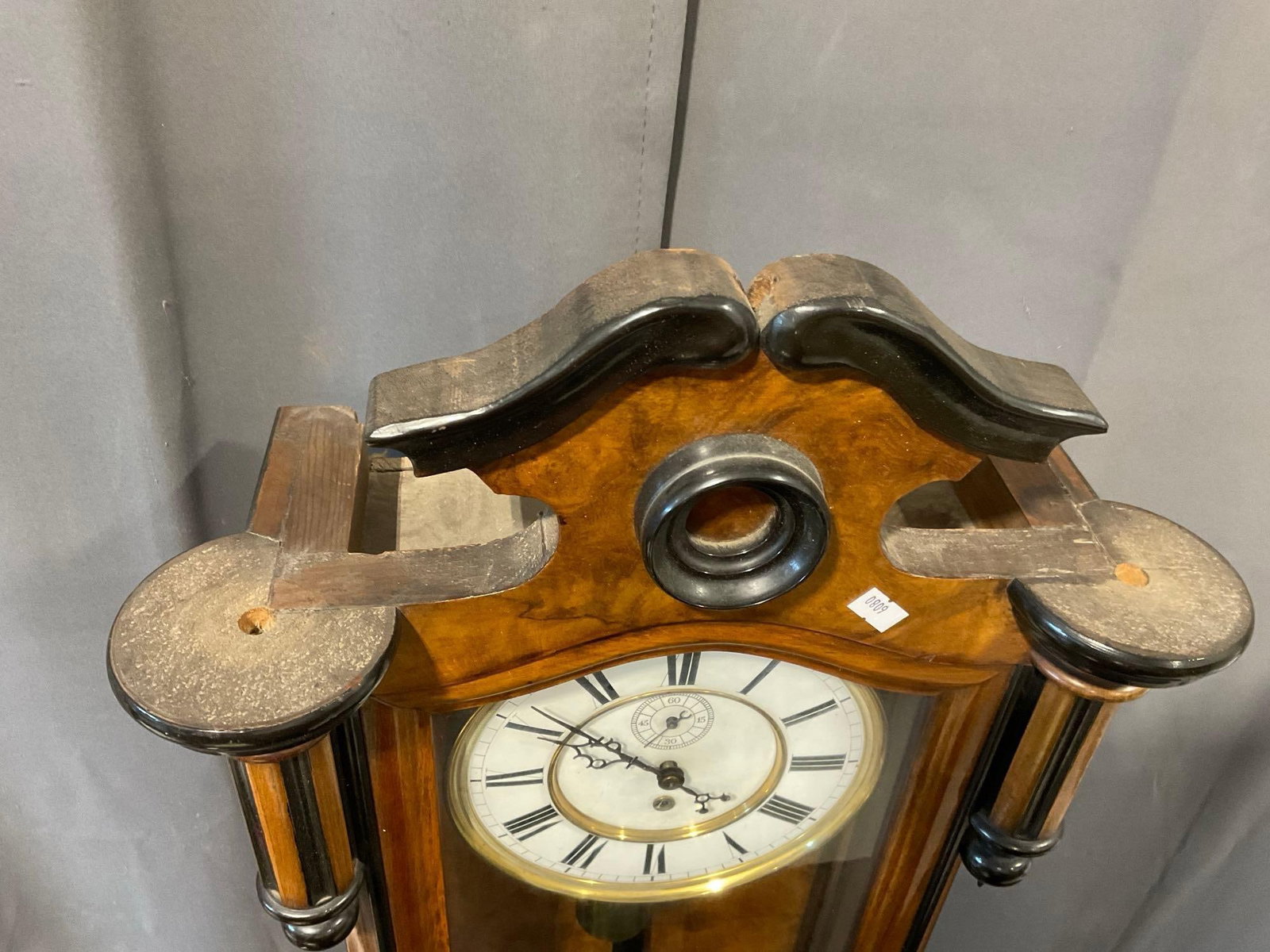 Vienna Regulator Pendulum Wall Clock, Time, 46h x 16w x 8d inches, Light/Dark wood, missing finials - 6