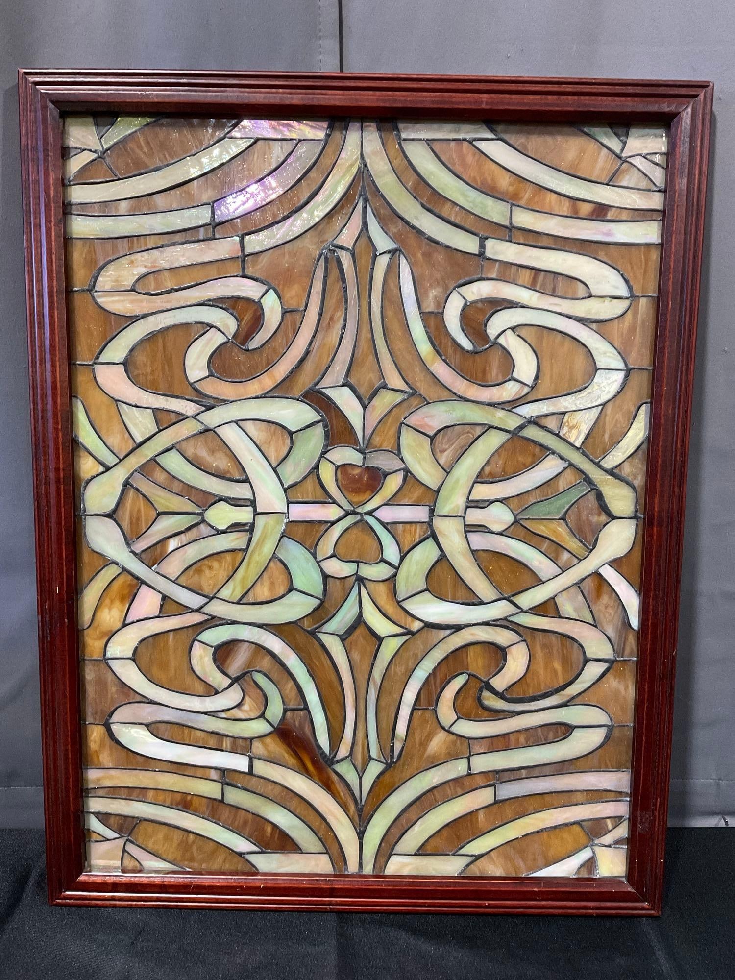 Unique Iridescent Stained Glass Panel, Red Wood Frame, 27h x 22w x 3d inches: Appears to be in good shape. The piece measures approx 27h x 22w x 3d inches. See pics. E-6080