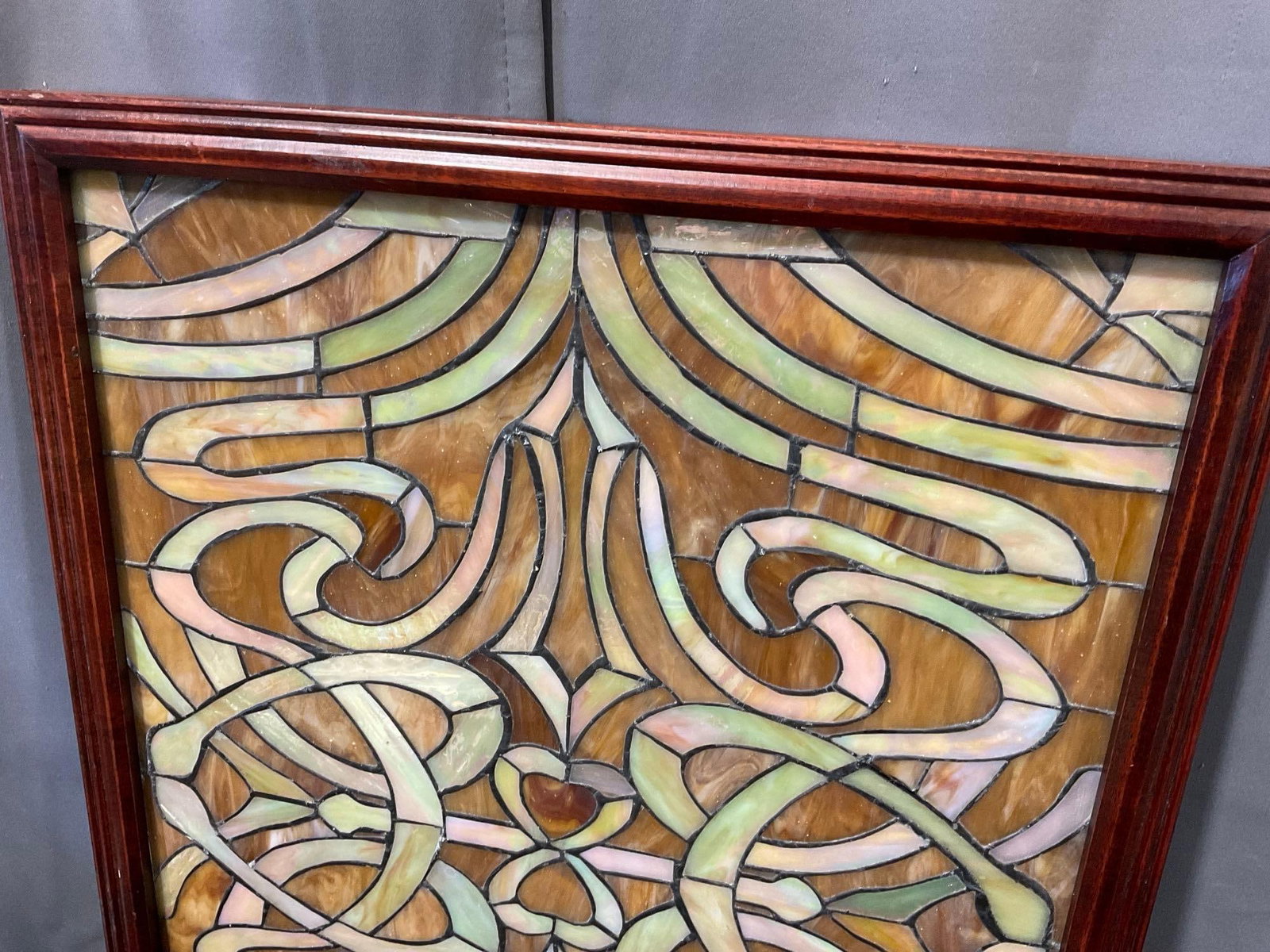 Unique Iridescent Stained Glass Panel, Red Wood Frame, 27h x 22w x 3d inches - 2
