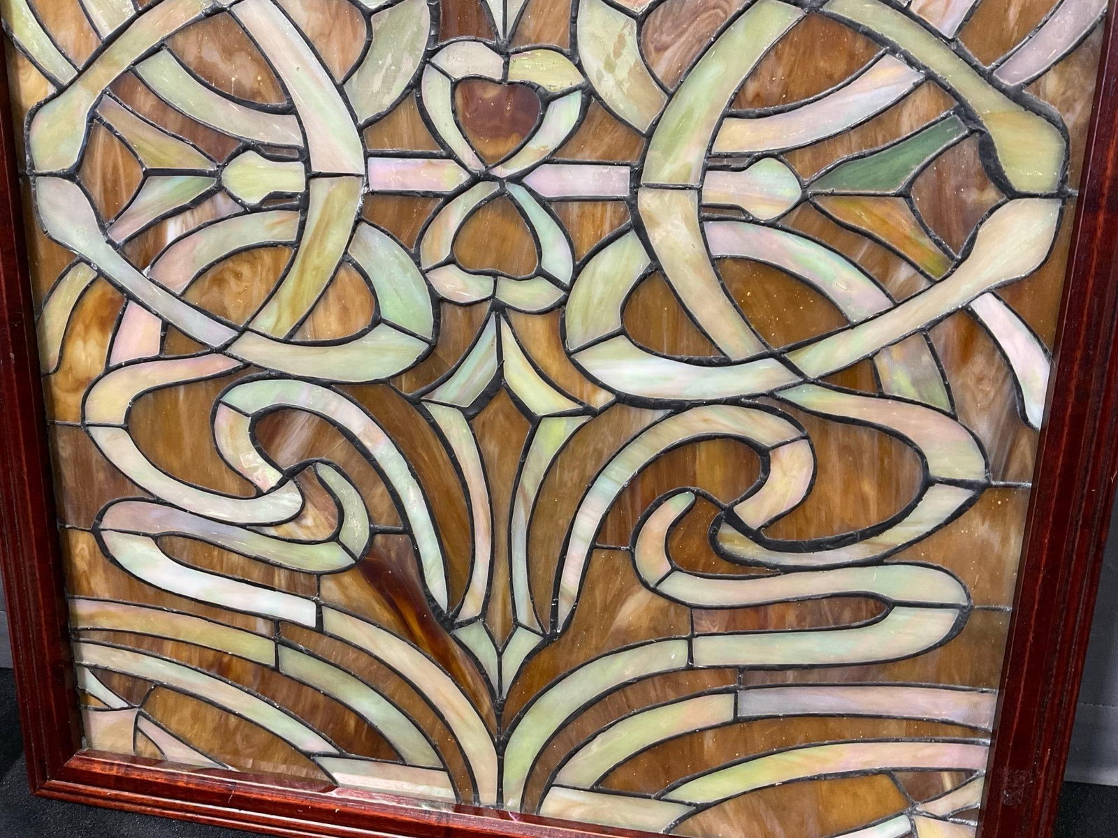 Unique Iridescent Stained Glass Panel, Red Wood Frame, 27h x 22w x 3d inches - 3