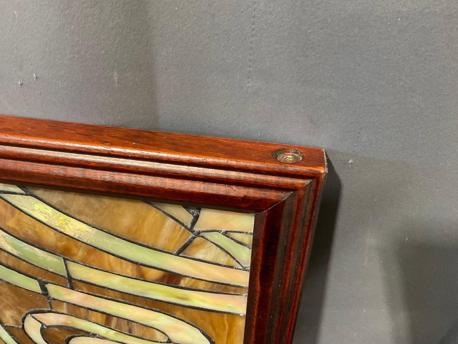 Unique Iridescent Stained Glass Panel, Red Wood Frame, 27h x 22w x 3d inches - 4