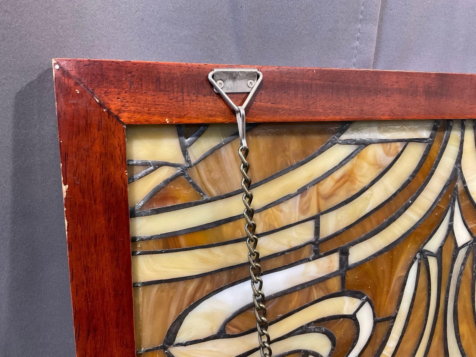 Unique Iridescent Stained Glass Panel, Red Wood Frame, 27h x 22w x 3d inches - 6