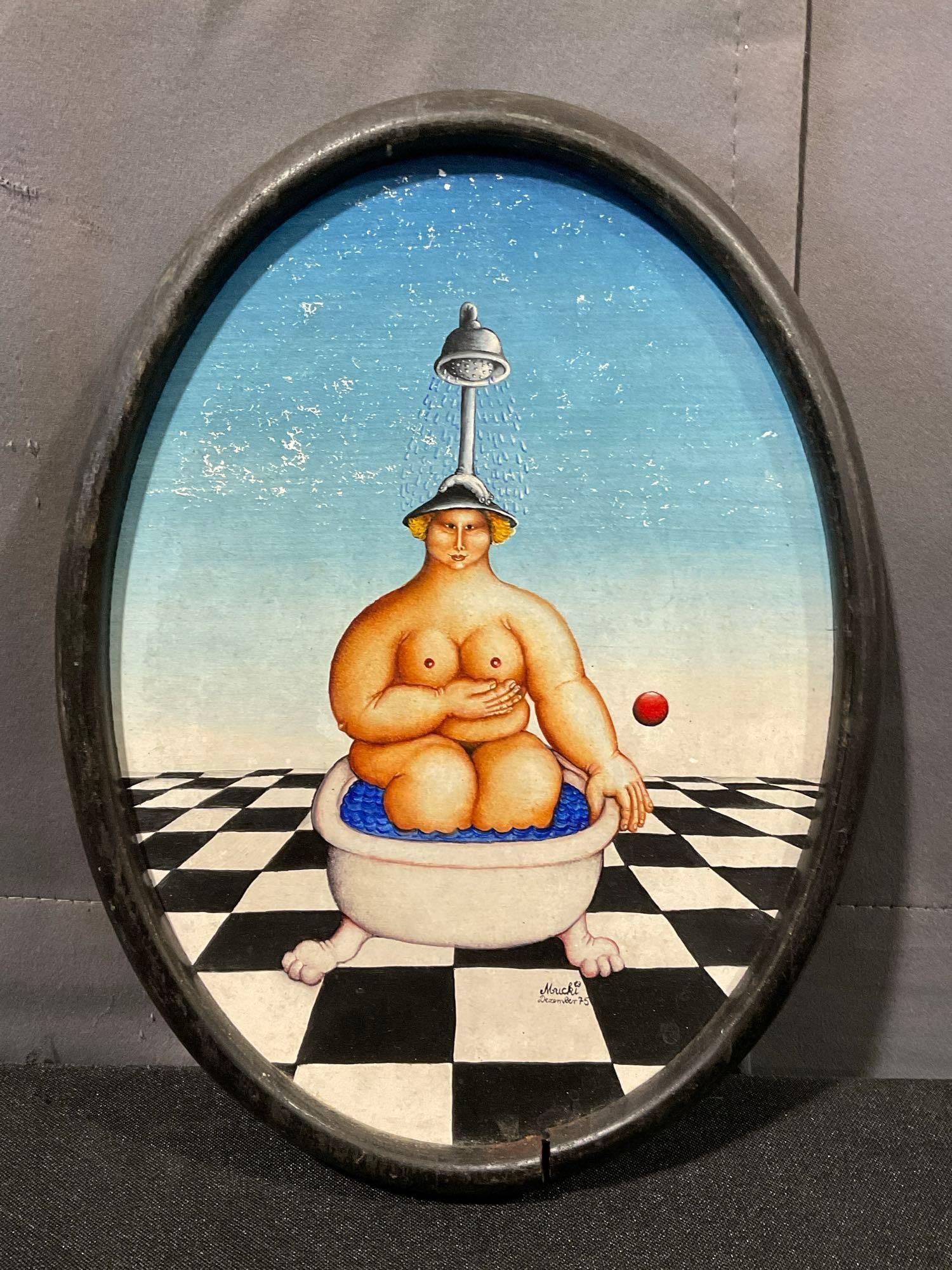 Framed Signed Original Oil on Board by Sylvia Nestler, titled Strange Bathing Cult.., 11x9 inch O... (1 of 5)