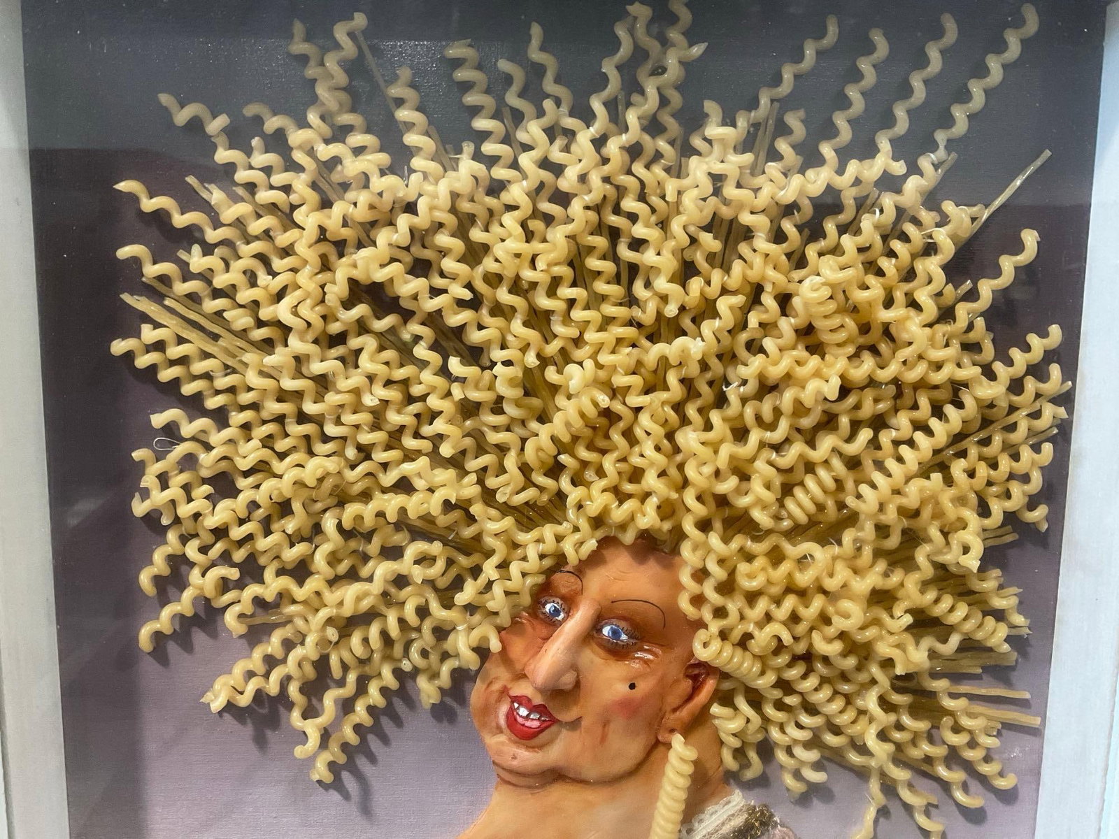 Framed Signed Mixed Media by Sylvia Nestler, Pasta/knitted clothes & clay, 18x14 inches - 2