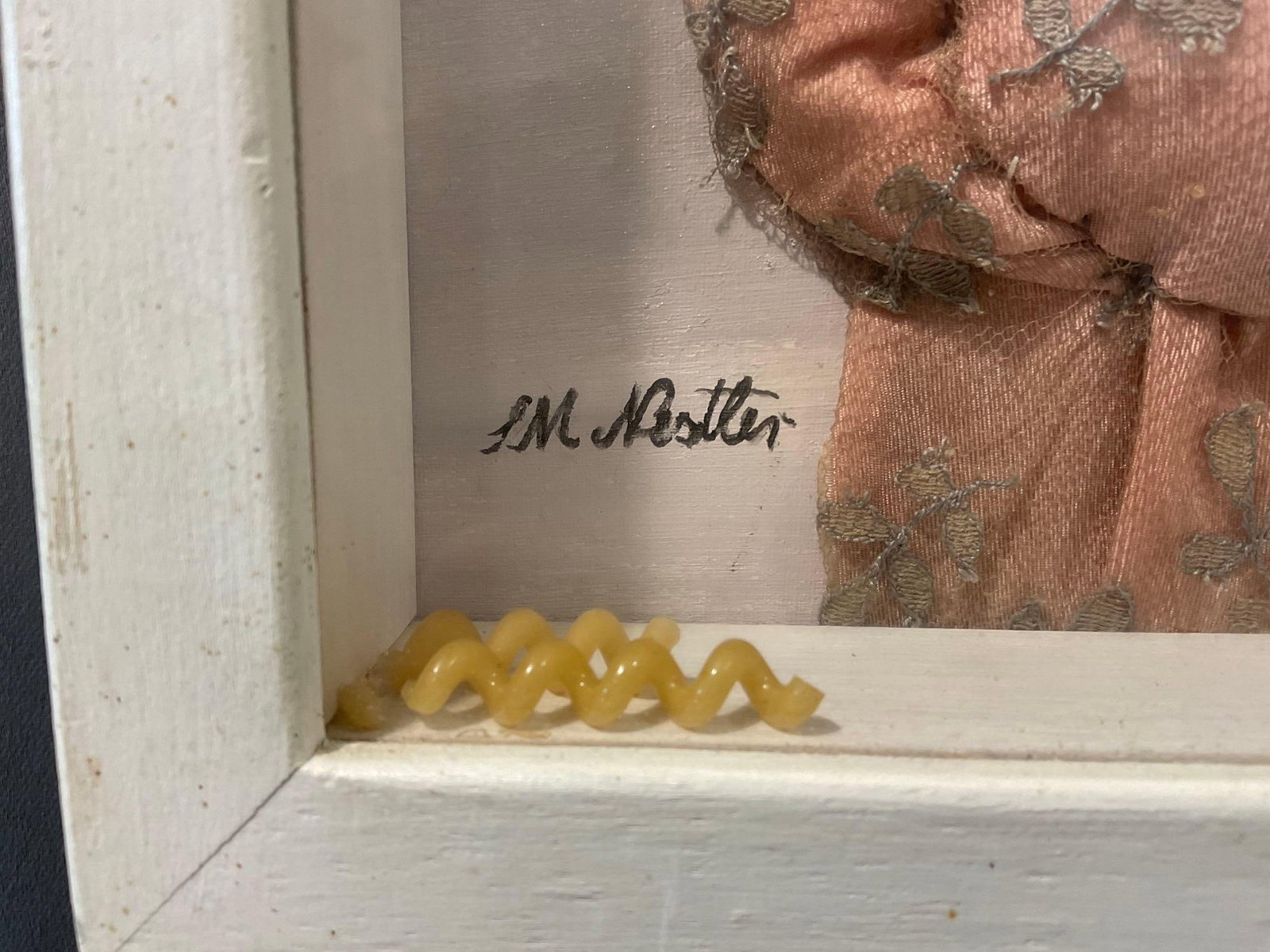 Framed Signed Mixed Media by Sylvia Nestler, Pasta/knitted clothes & clay, 18x14 inches - 4
