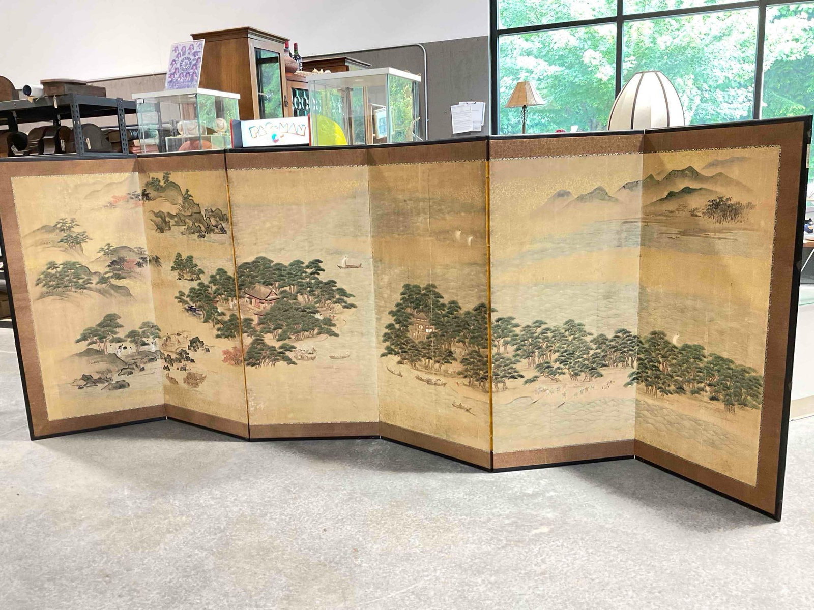 Beautiful Vintage Japanese 6-Panel Folding Paper Screen feat. Islands & Trees. See pics. - 2