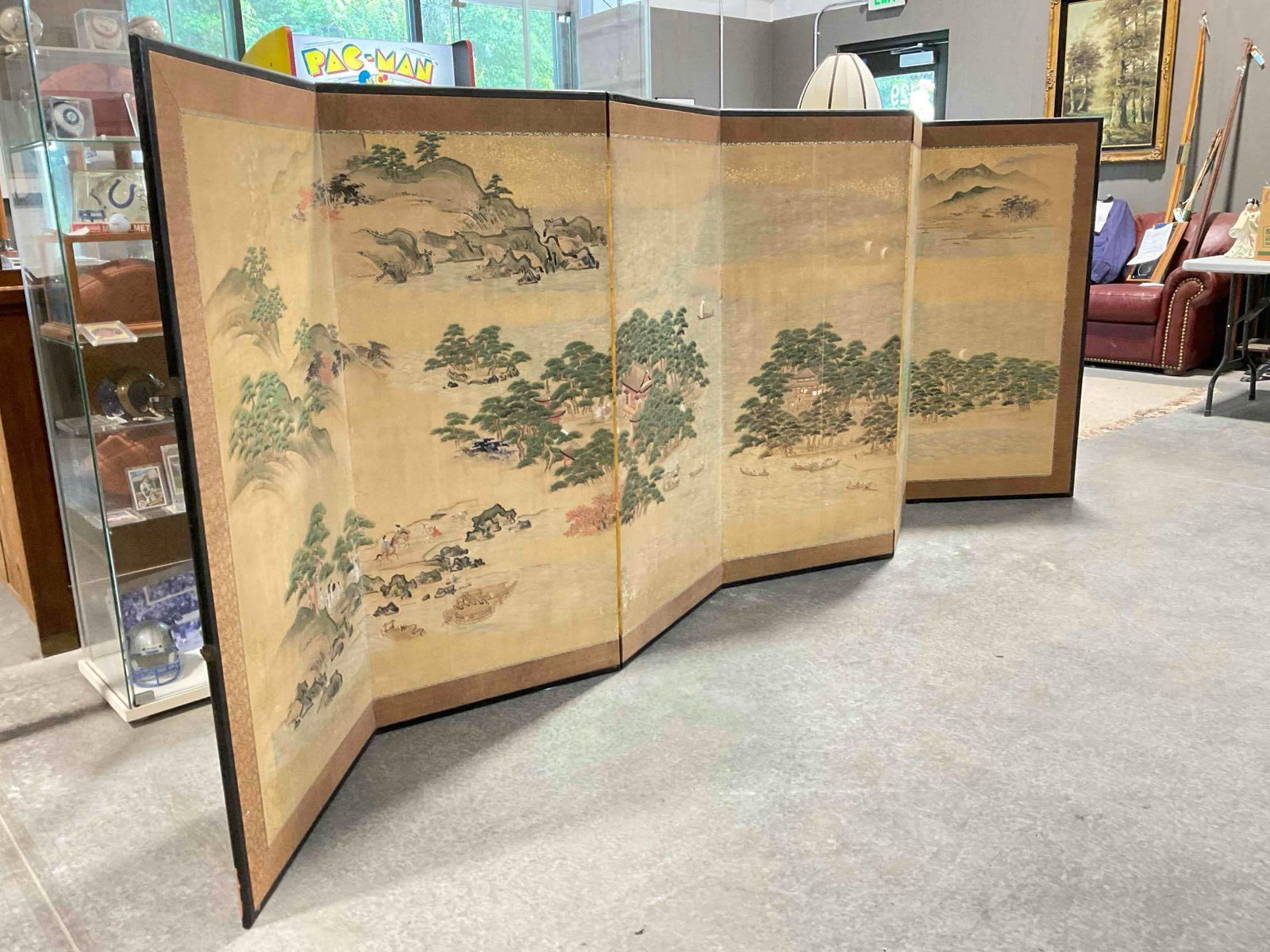 Beautiful Vintage Japanese 6-Panel Folding Paper Screen feat. Islands & Trees. See pics. - 3