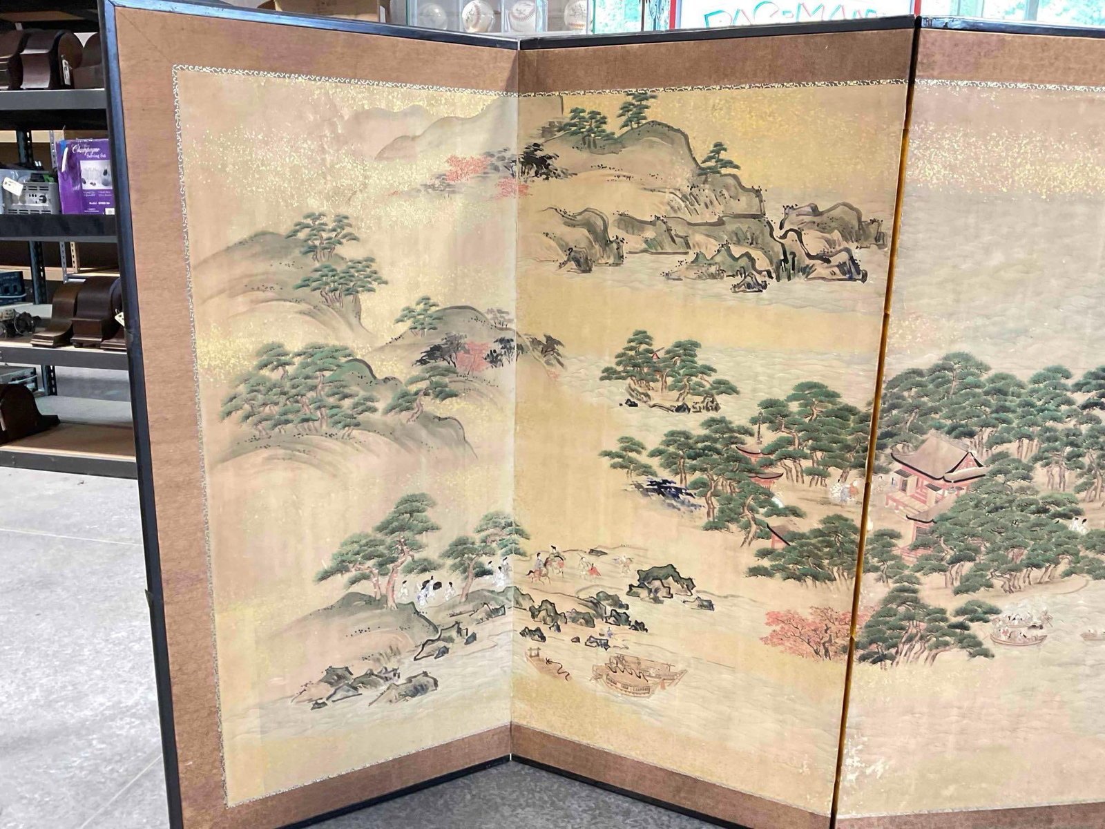 Beautiful Vintage Japanese 6-Panel Folding Paper Screen feat. Islands & Trees. See pics. - 4