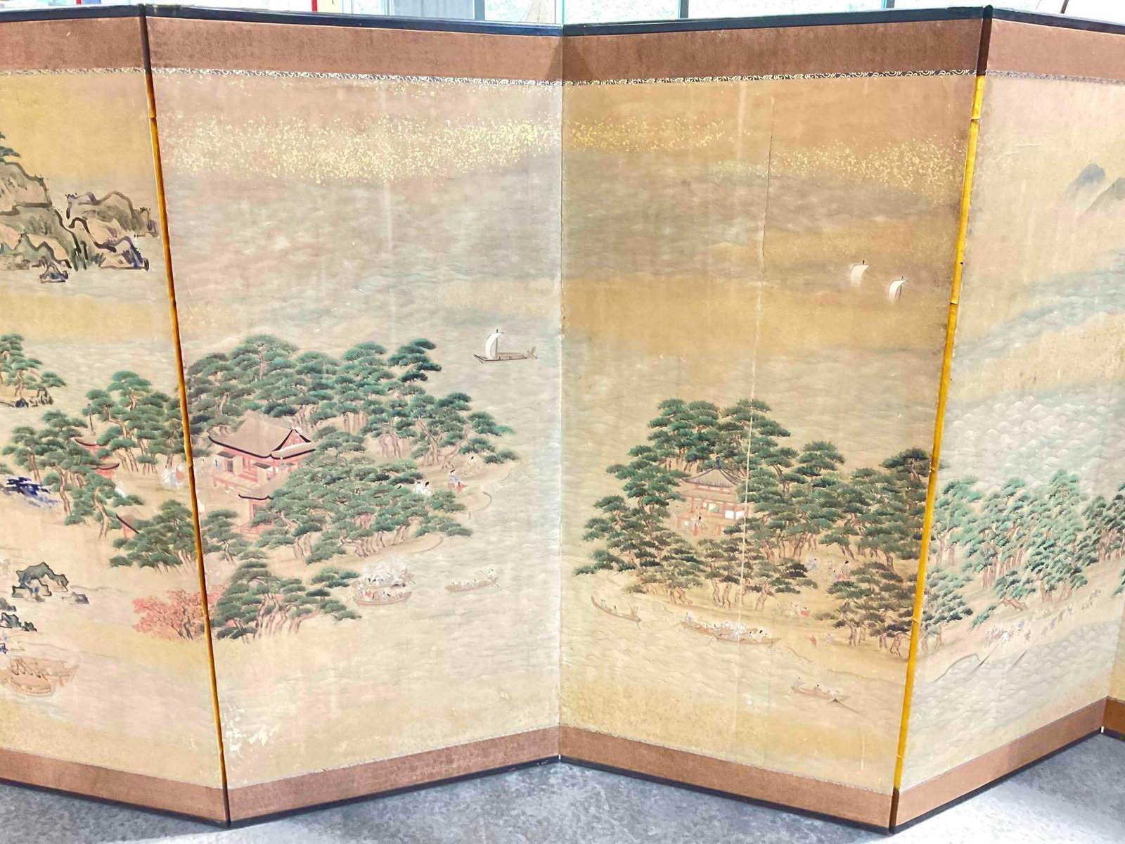 Beautiful Vintage Japanese 6-Panel Folding Paper Screen feat. Islands & Trees. See pics. - 5