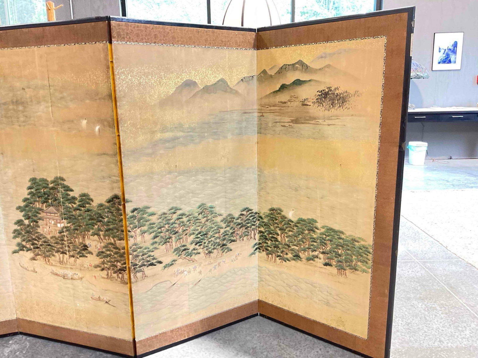 Beautiful Vintage Japanese 6-Panel Folding Paper Screen feat. Islands & Trees. See pics. - 6