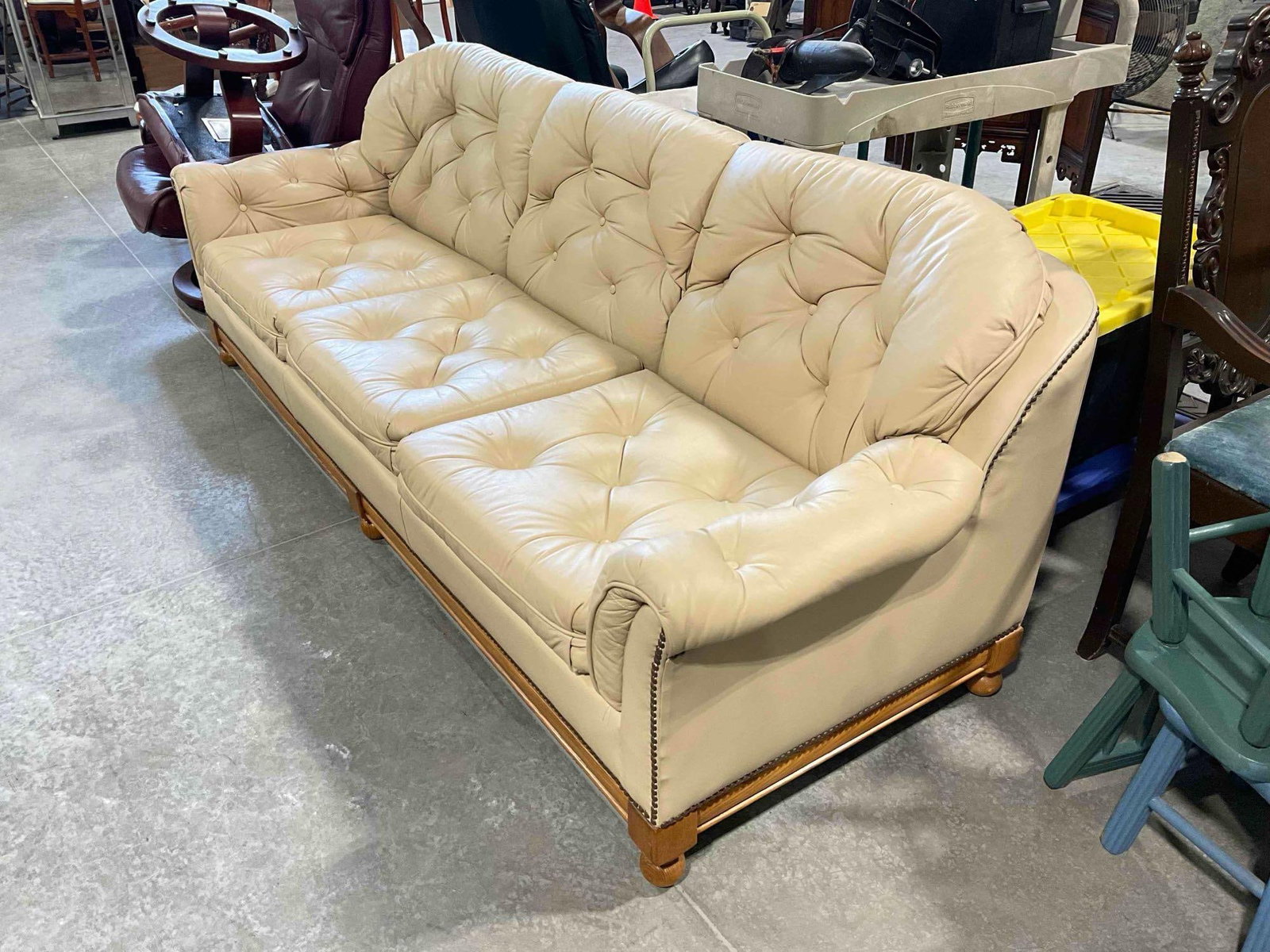 Vintage Classic Tufted Three-Seat Leather Couch w/ Pale Tan Upholstery. Good Condition. See pics. - 2