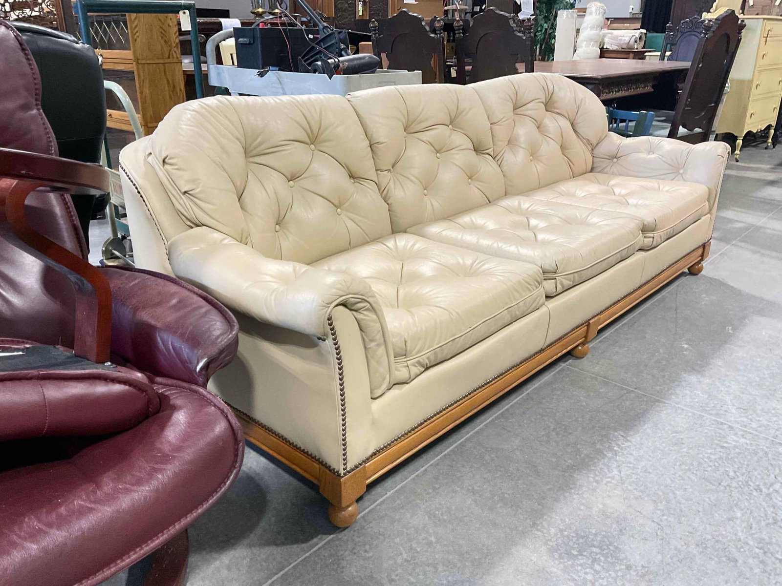 Vintage Classic Tufted Three-Seat Leather Couch w/ Pale Tan Upholstery. Good Condition. See pics. - 3