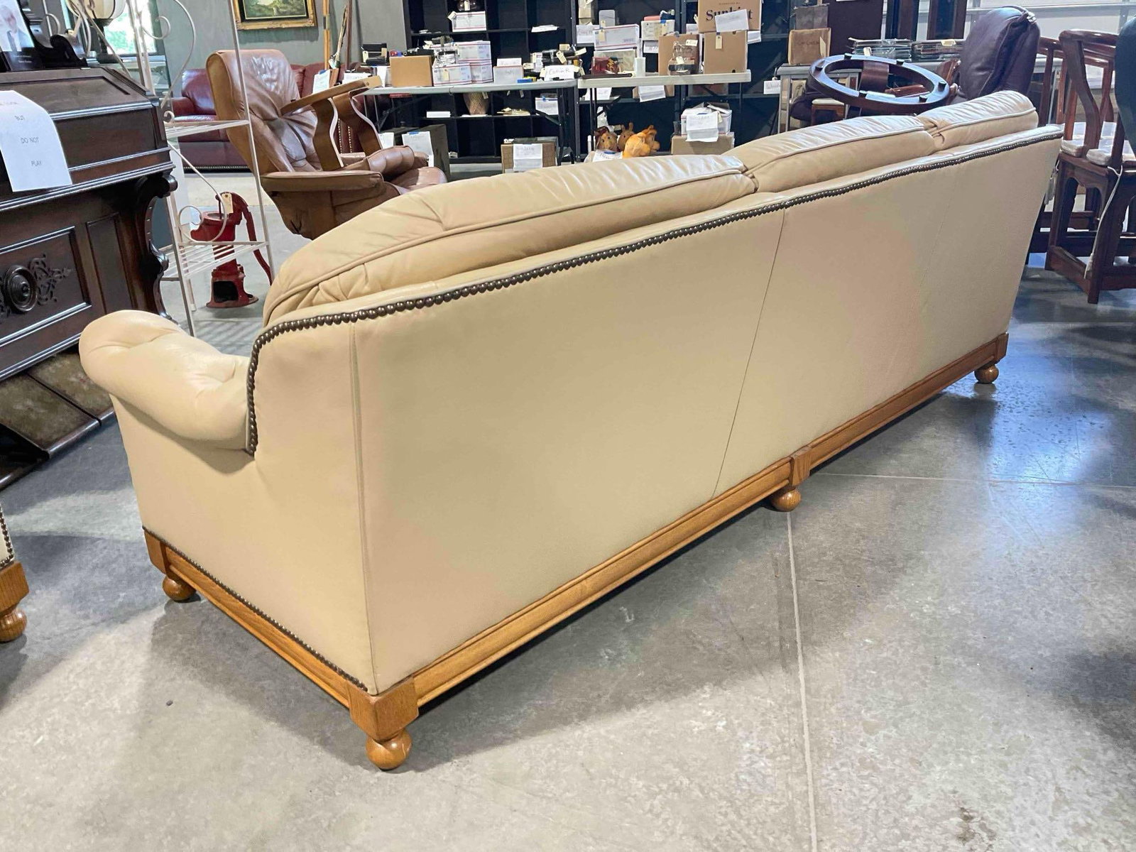 Vintage Classic Tufted Three-Seat Leather Couch w/ Pale Tan Upholstery. Good Condition. See pics. - 5