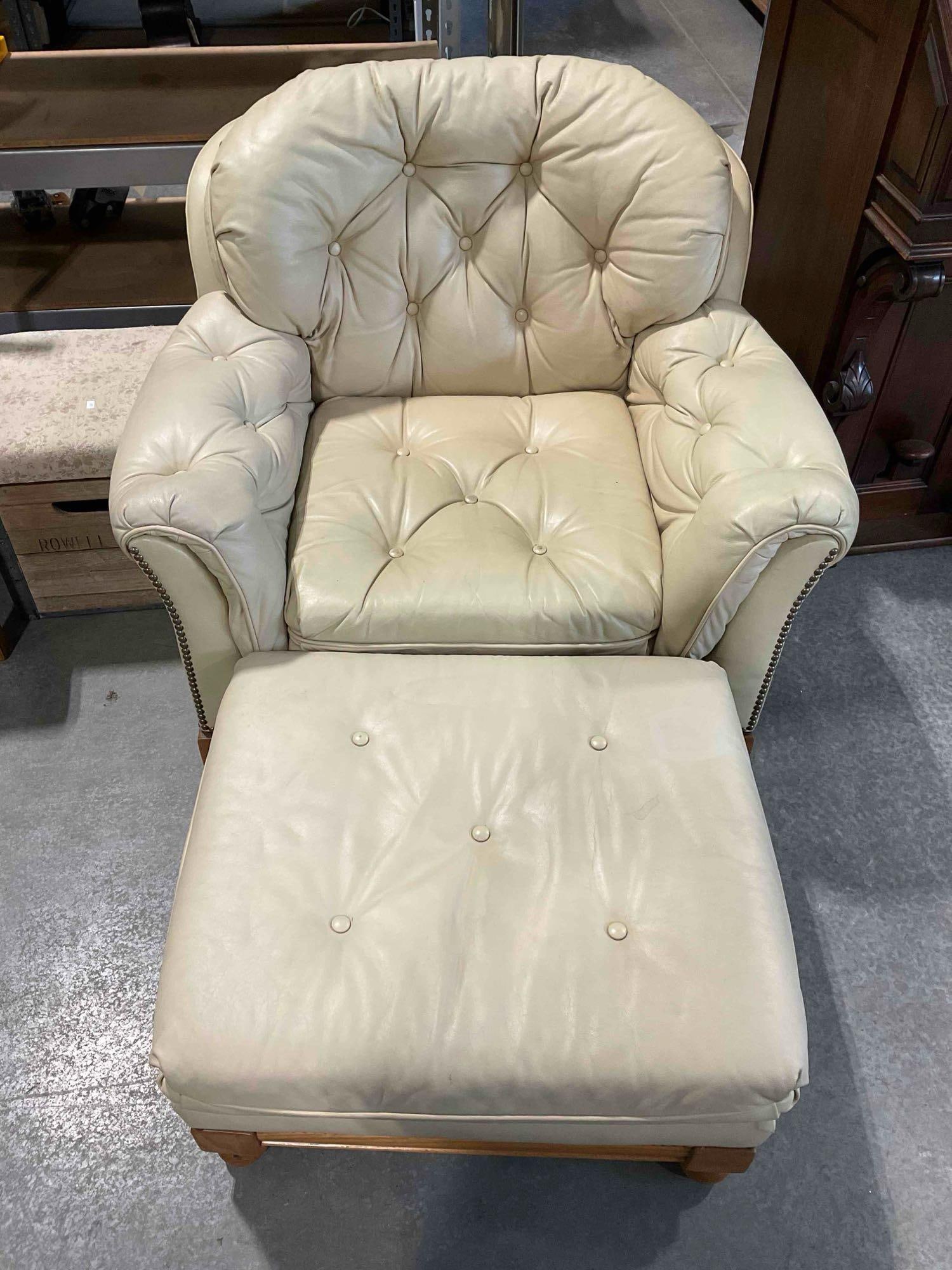 Vintage Classic Tufted Armchair & Ottoman w/ Pale Tan Leather Upholstery. Fair Condition. See pics. (1 of 6)