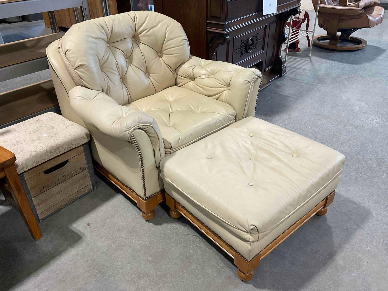 Vintage Classic Tufted Armchair & Ottoman w/ Pale Tan Leather Upholstery. Fair Condition. See pics. - 2