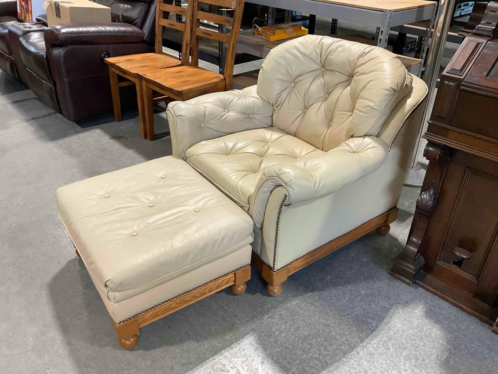 Vintage Classic Tufted Armchair & Ottoman w/ Pale Tan Leather Upholstery. Fair Condition. See pics. - 3