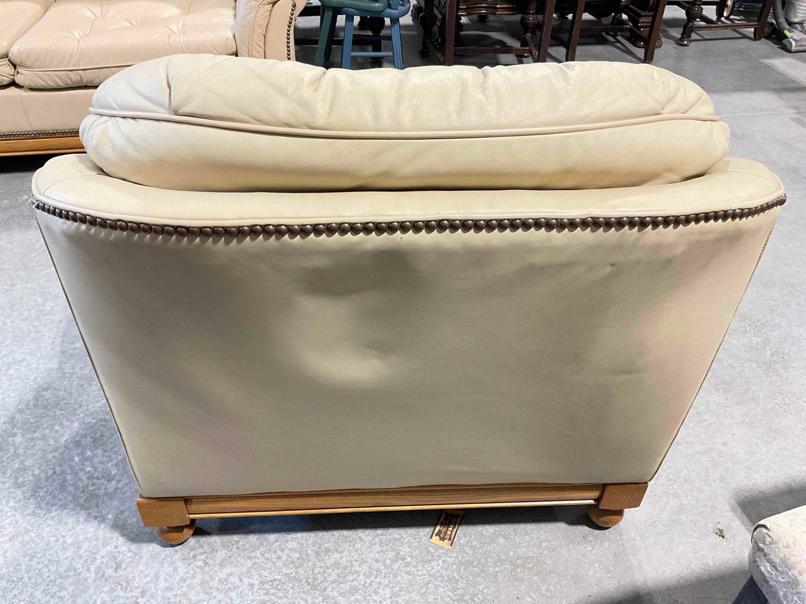 Vintage Classic Tufted Armchair & Ottoman w/ Pale Tan Leather Upholstery. Fair Condition. See pics. - 6