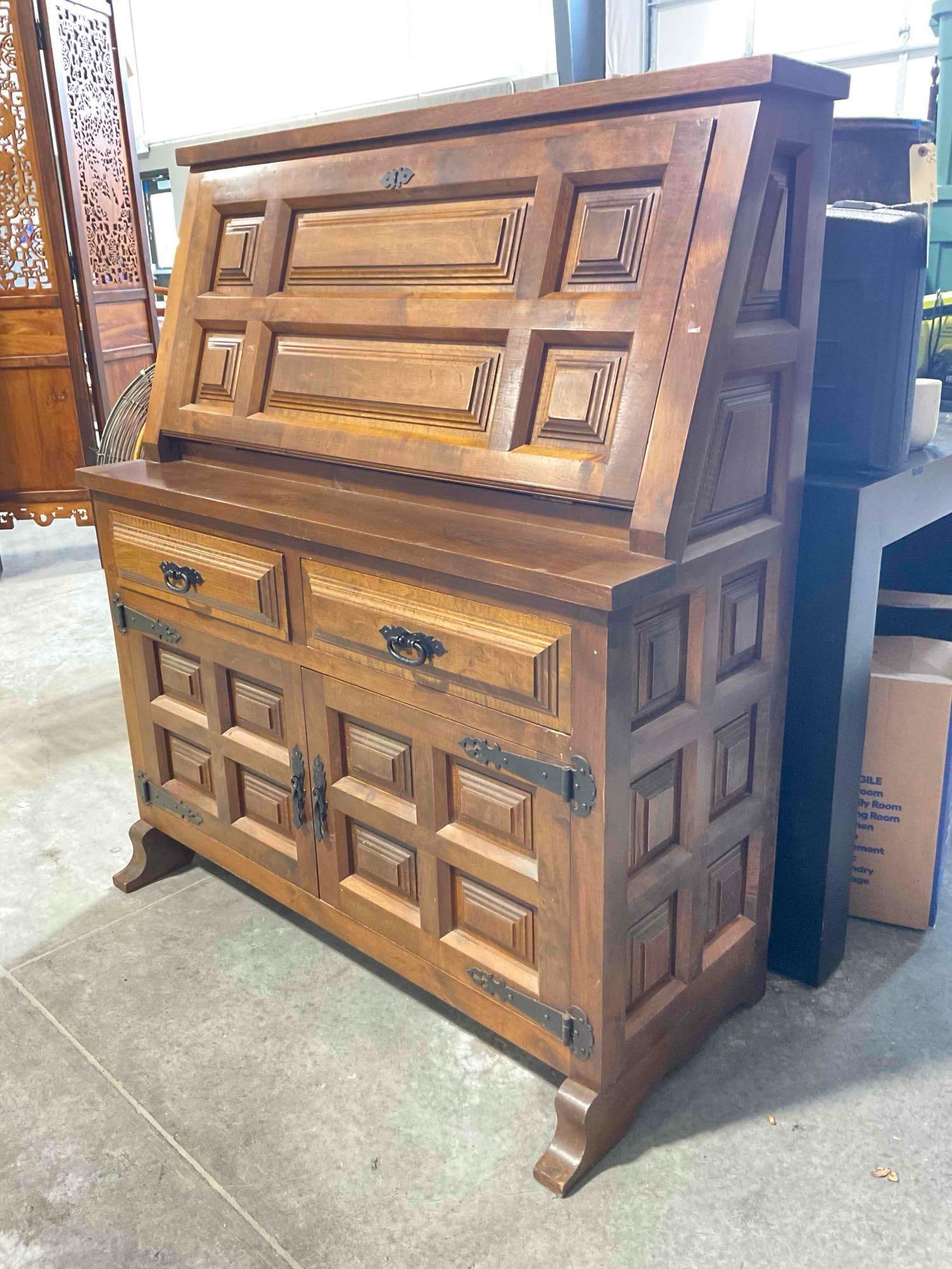 Vintage Spanish Revival Style Wood Secretary Desk w/ Carved Paneling, 3 Drawers & Cupboard. - 2