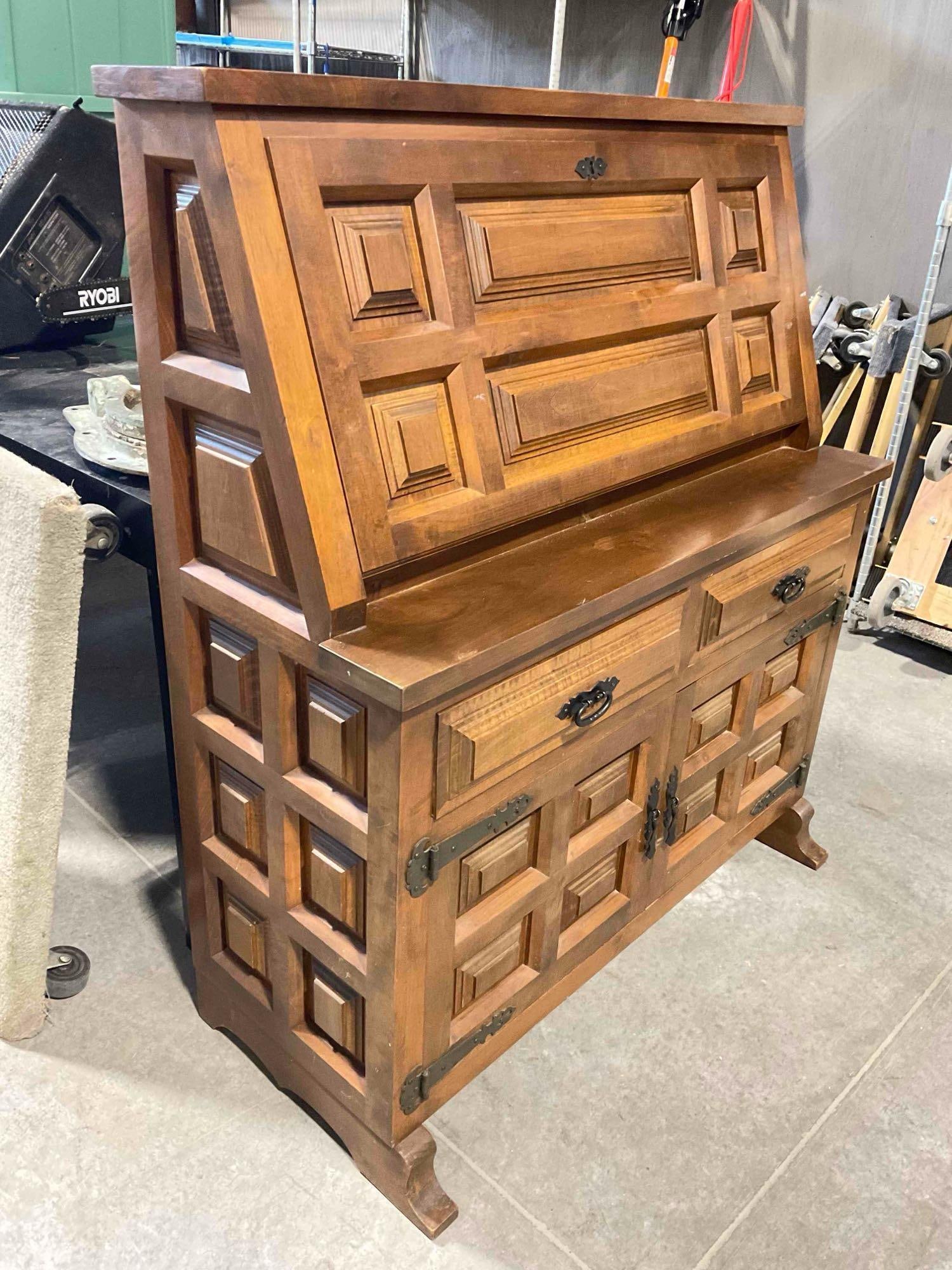 Vintage Spanish Revival Style Wood Secretary Desk w/ Carved Paneling, 3 Drawers & Cupboard. - 3