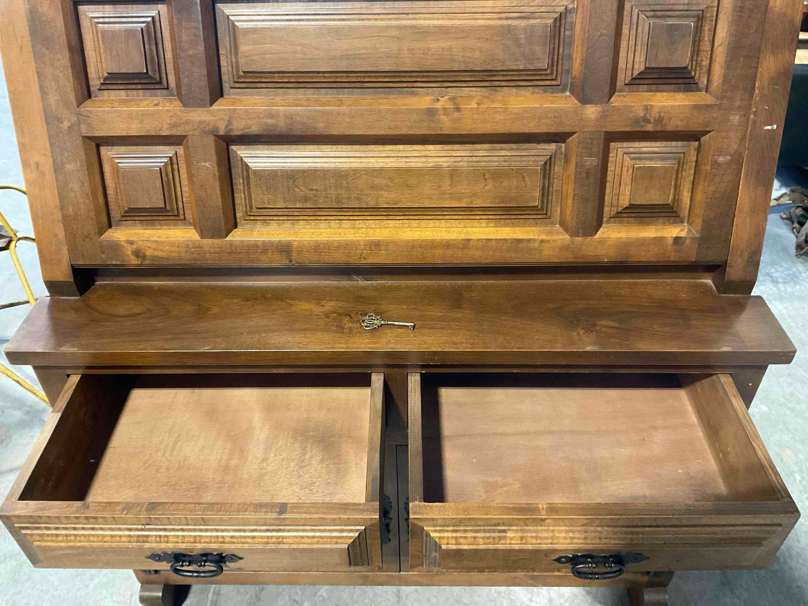 Vintage Spanish Revival Style Wood Secretary Desk w/ Carved Paneling, 3 Drawers & Cupboard. - 4