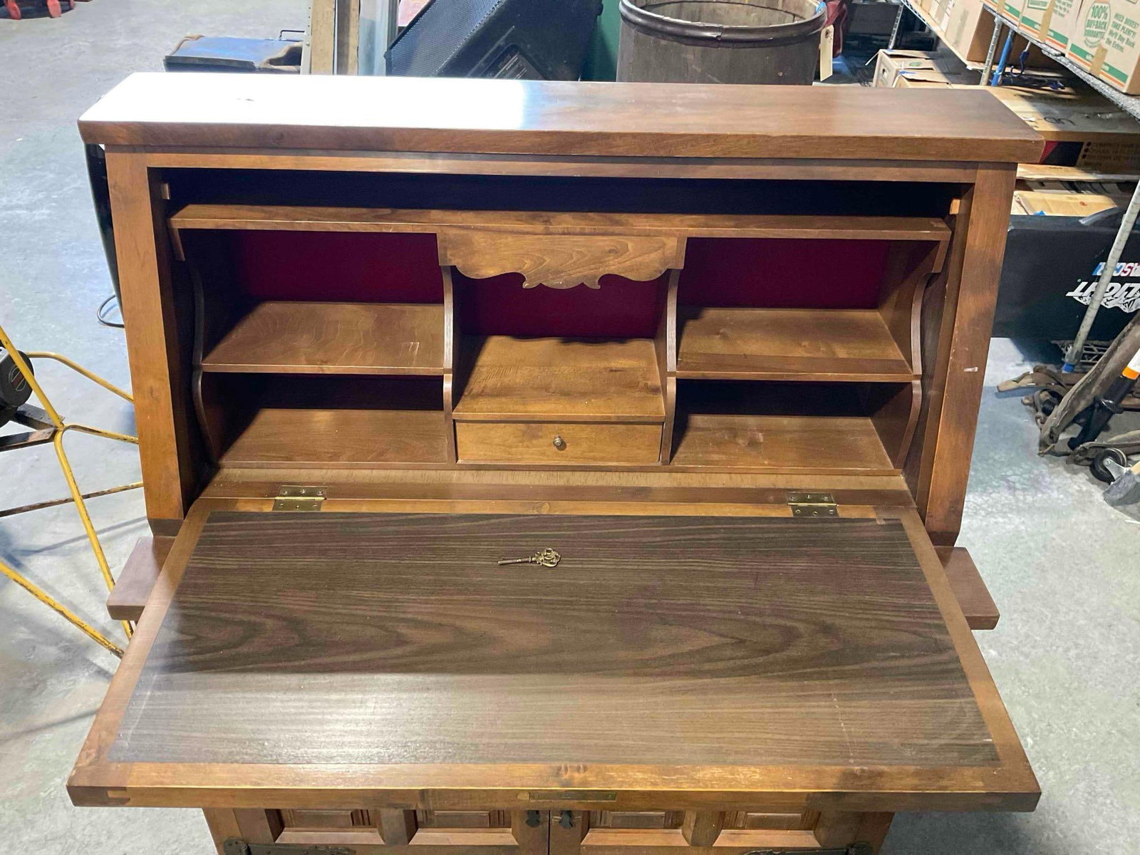 Vintage Spanish Revival Style Wood Secretary Desk w/ Carved Paneling, 3 Drawers & Cupboard. - 7
