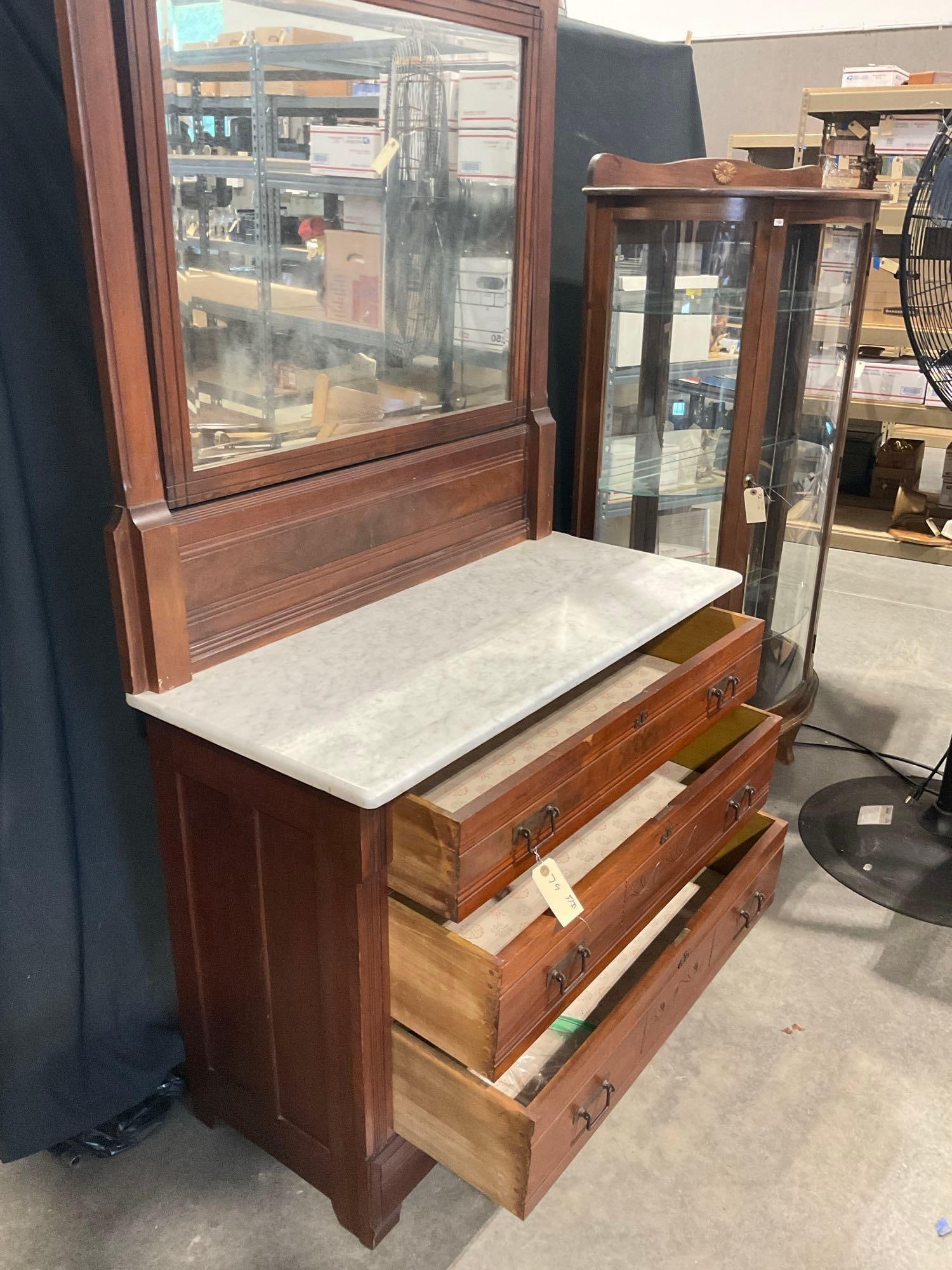 Antique Eastlake 1890's mahogany marble top 3 drawer vanity dresser w/ mirror and carved design - 4