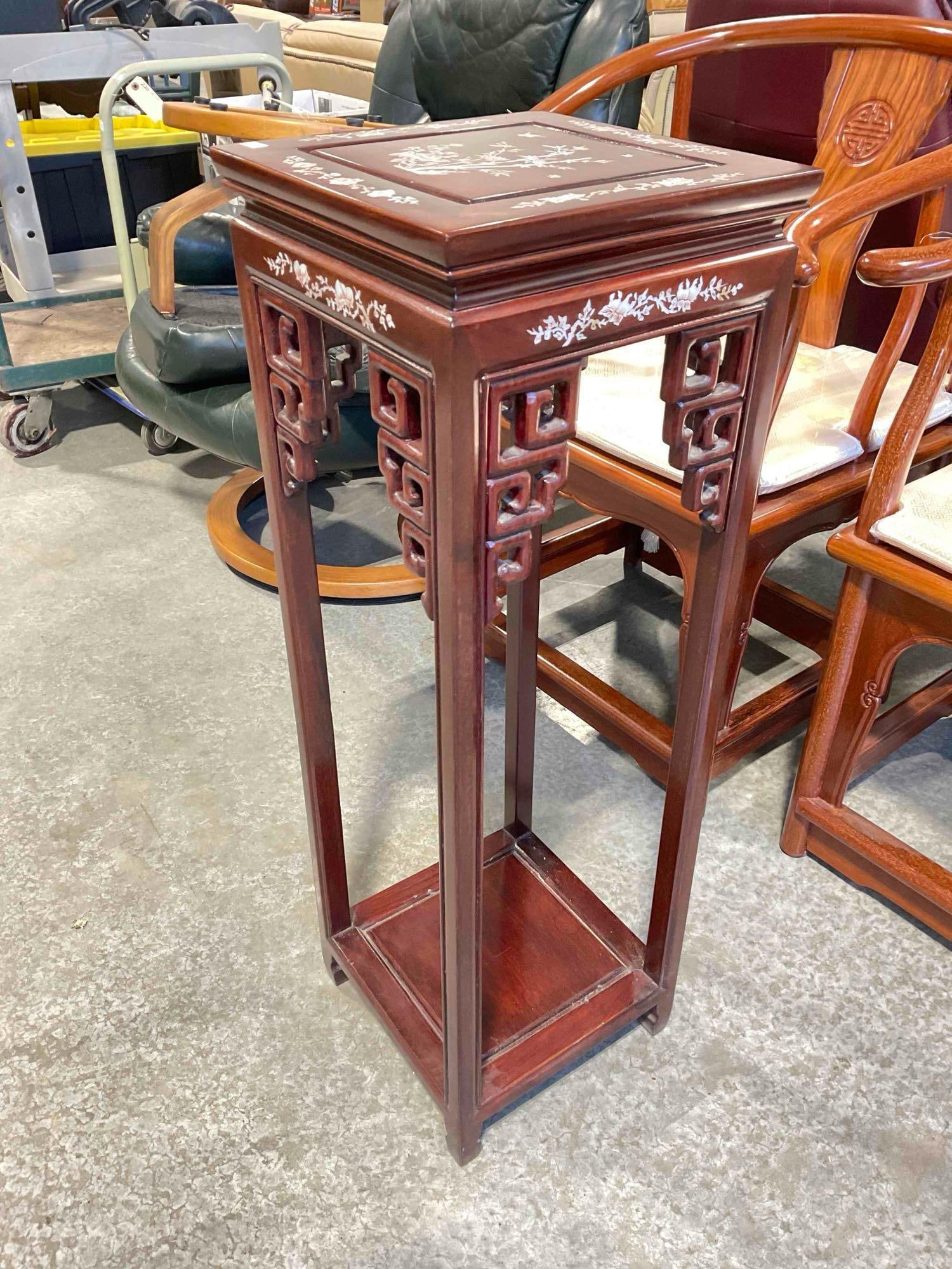 Vintage Asian Style Rosewood Wood Side Planter Table w/ Mother of Pearl Inlay. Good Condition. - 2