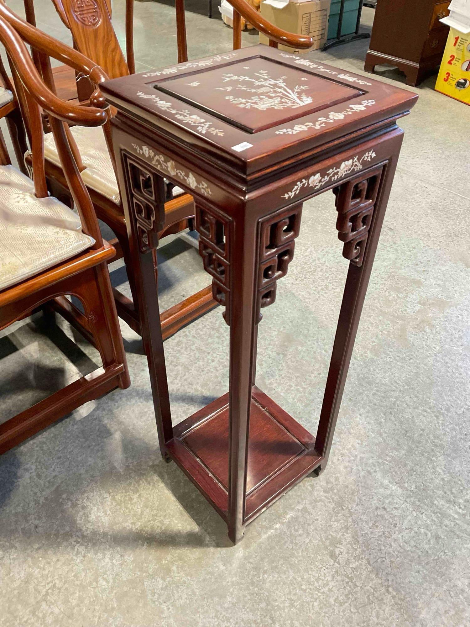 Vintage Asian Style Rosewood Wood Side Planter Table w/ Mother of Pearl Inlay. Good Condition. - 3