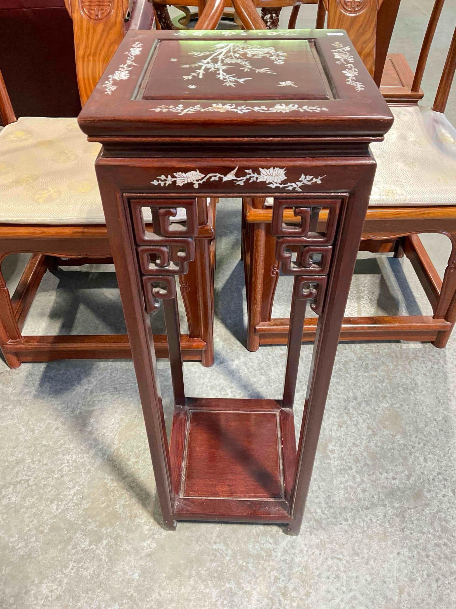 Vintage Asian Style Rosewood Wood Side Planter Table w/ Mother of Pearl Inlay. Good Condition. - 4