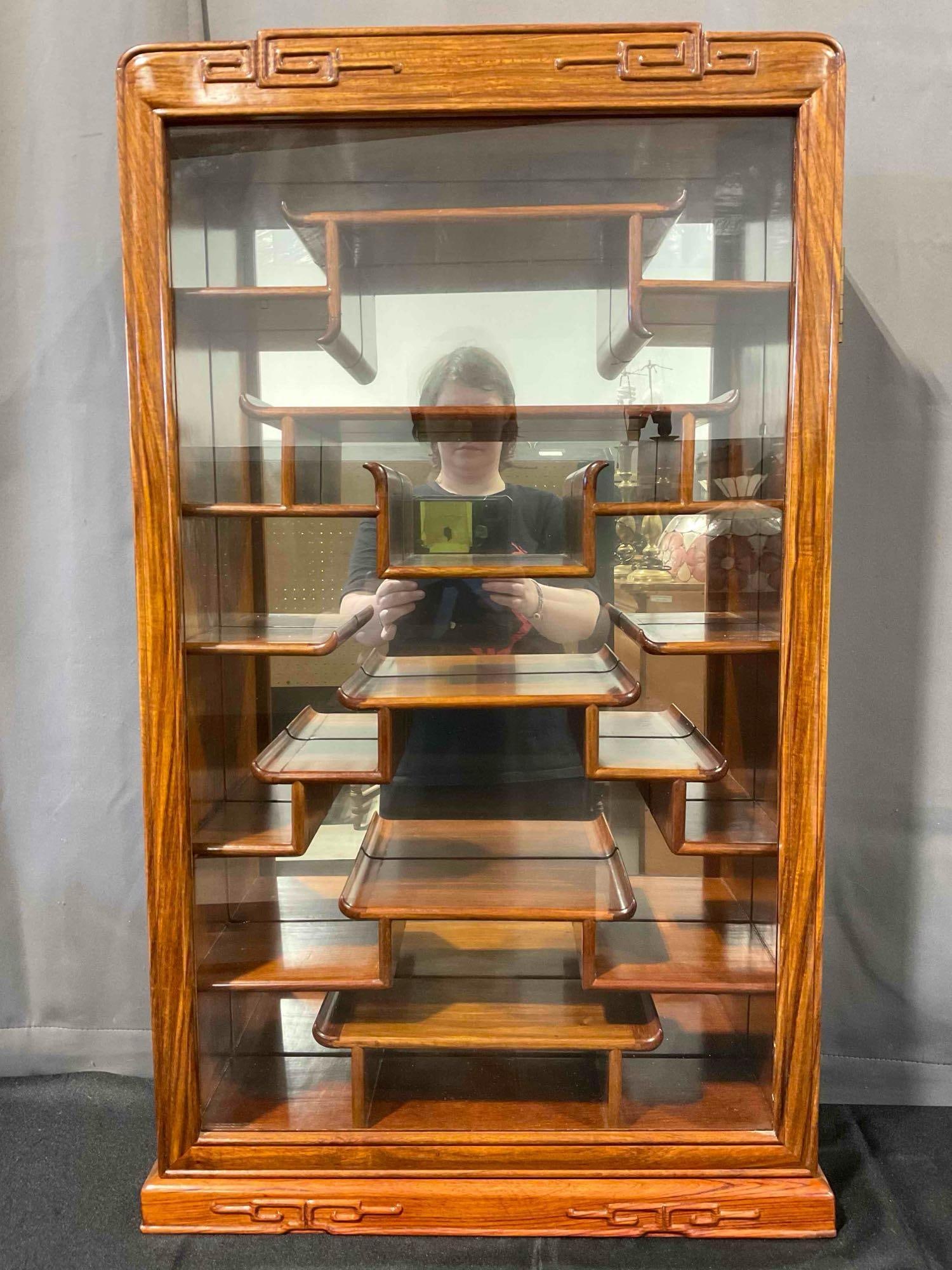 Vintage Asian Style Rosewood Display Cabinet w/ Mirrored Back, Glass Front & Staggered Shelves. (1 of 6)