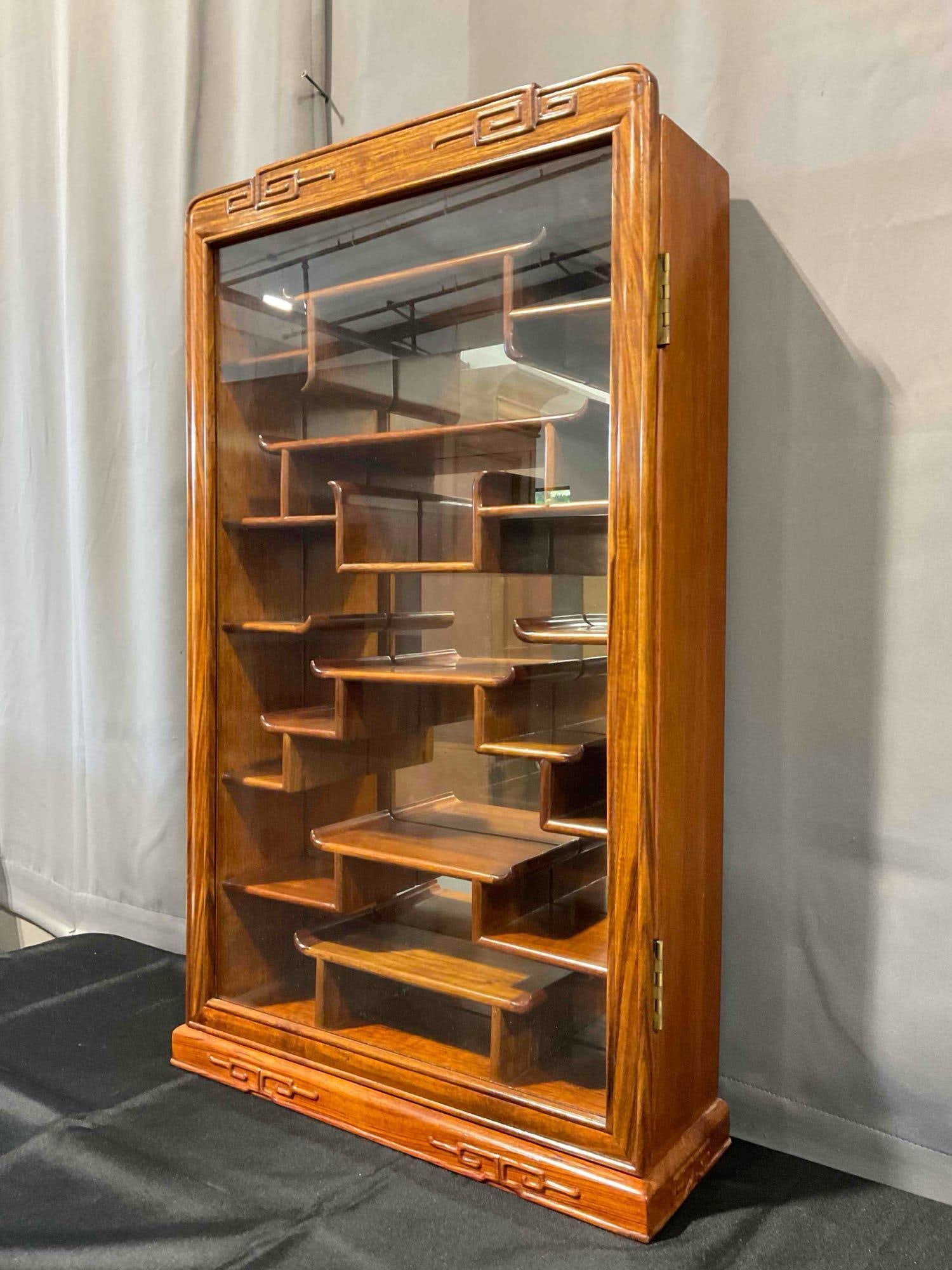 Vintage Asian Style Rosewood Display Cabinet w/ Mirrored Back, Glass Front & Staggered Shelves. - 2